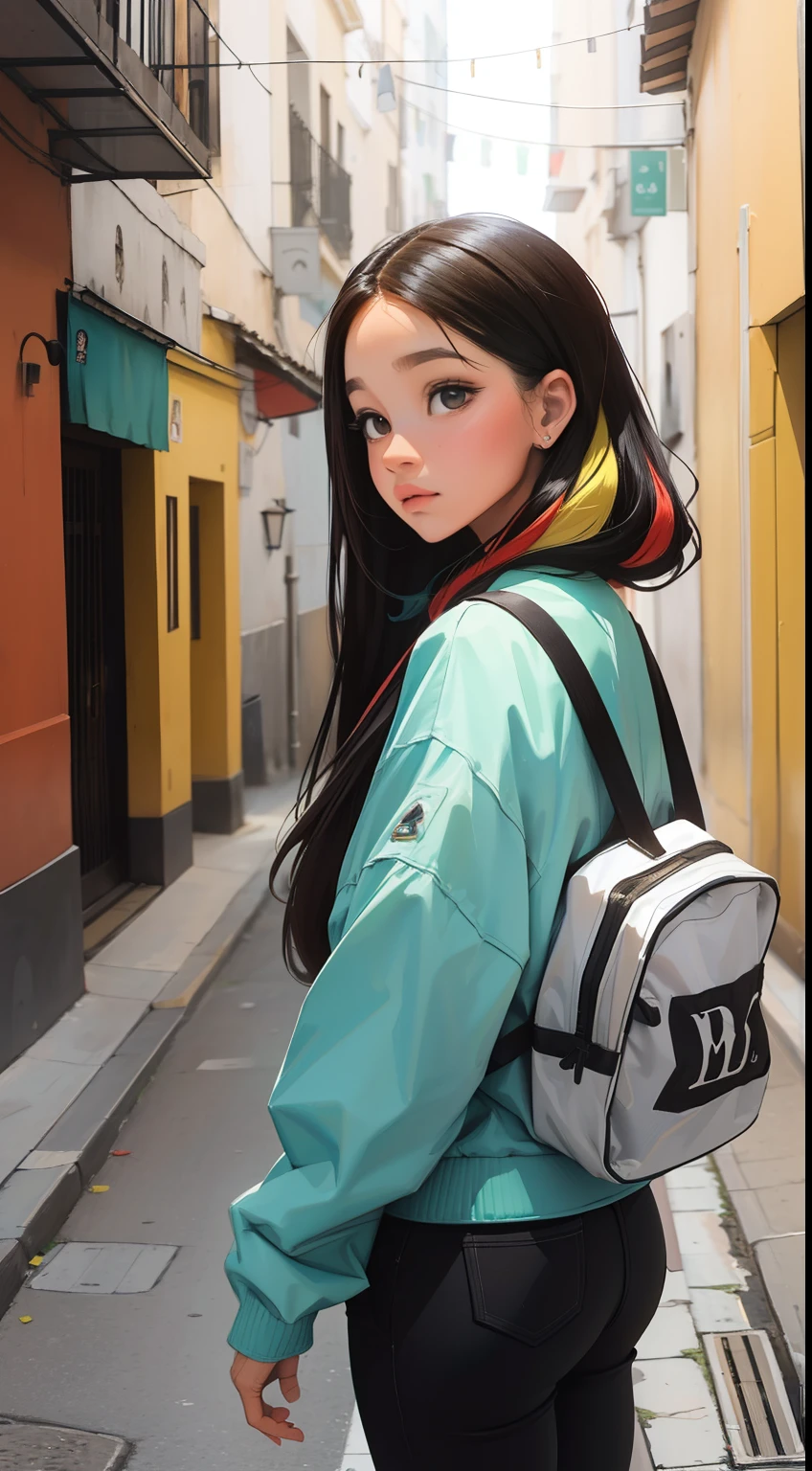 Rota, O Arco, Uma menina bonita com, Retrato HD, (alta qualidade) (Ultra Detalhes) Observando o espectador com roupas de rua no estilo hip-hop; diferente, colorido, cabelos muito brancos
