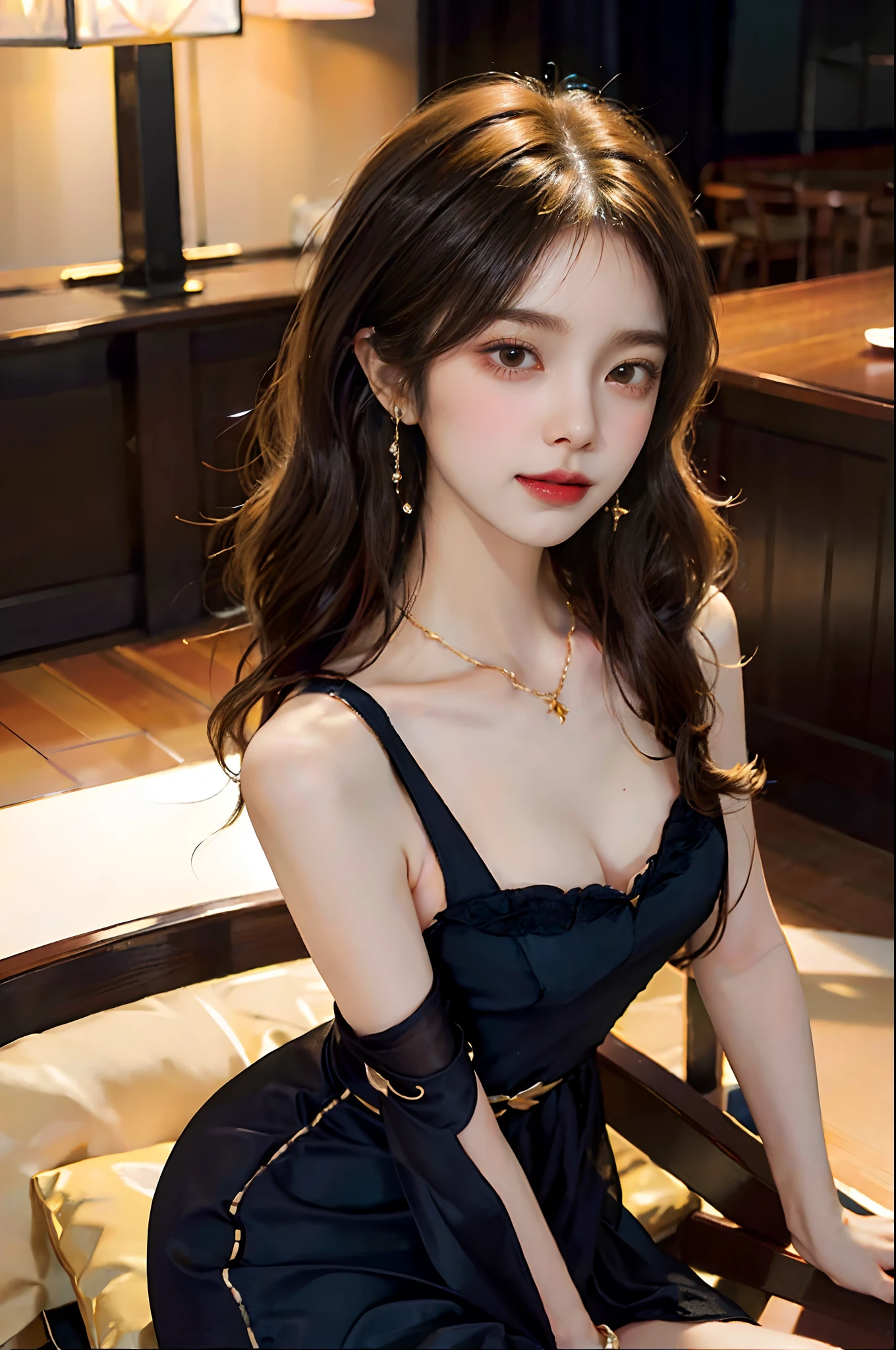 ((from above)), ((full body)), A young girl, the night, lamplight, In the bar, Sit Pose, Leaning against the bar, Cross ed leg, posing elegantly, warm lights, a warm color palette, ((black long dress, DEEP-V COLLAR, high-waist)), Detailed scenes, Long messy hair, Brownish-yellow hair, light make-up, Blushlush, Nice slender legs, (Extremely high color saturation), Detailed details, ultra-detailliert, (tmasterpiece, best qualtiy), (An extremely delicate and beautiful work), Delicate earrings, Delicate necklace, Simple blurred background, Extreme detail description, Ultra-fine painting, Delicate face, slim toned body, Slimming the waist, grin