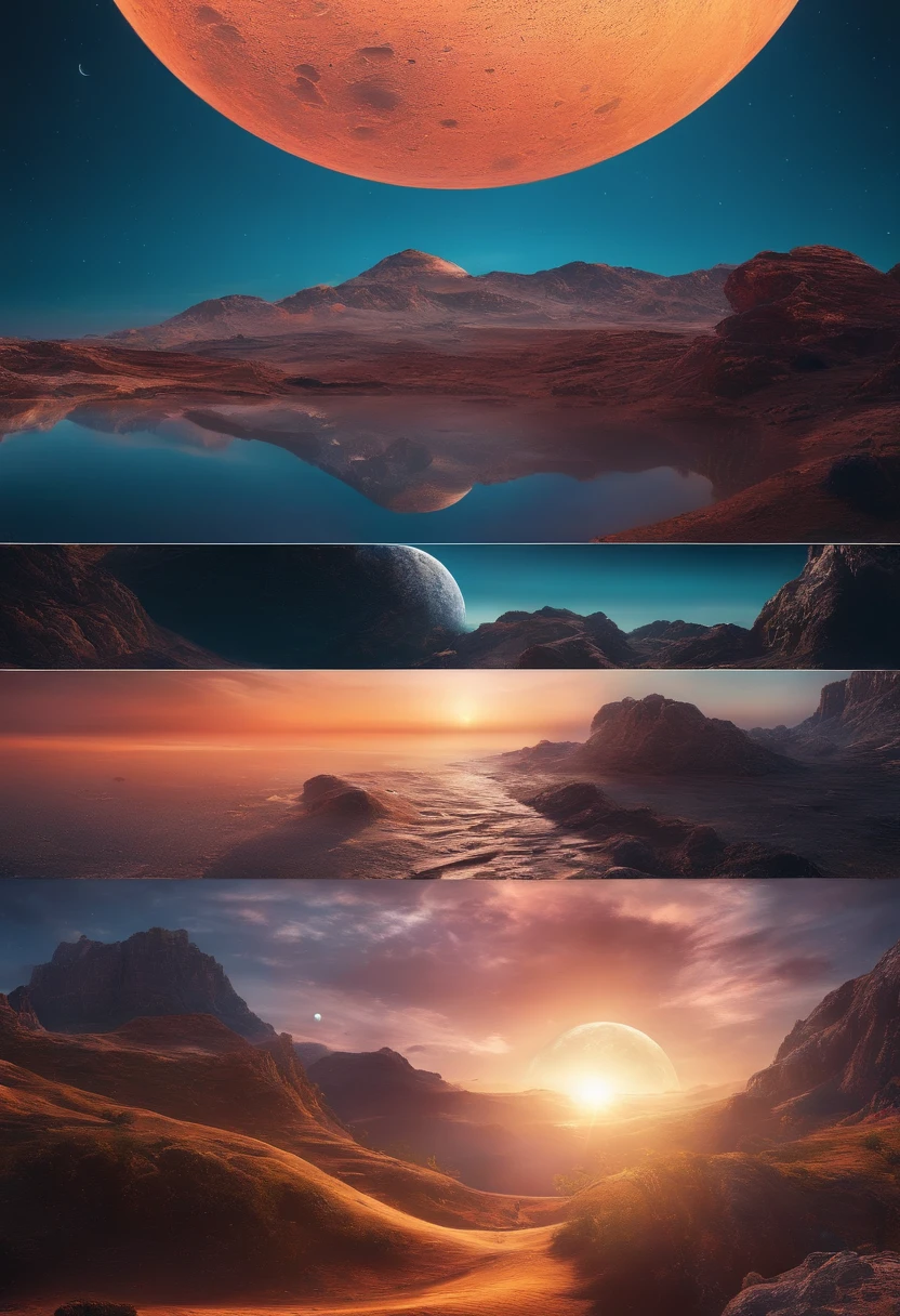 Utopian world、Awesome bright colors, ighly detailed, The perfect world, Reflective surfaces, Subsurface Dispersion, Beyond imagination, in 8K, wide angles、Sci-fi world、kosmos、planetes、a moon