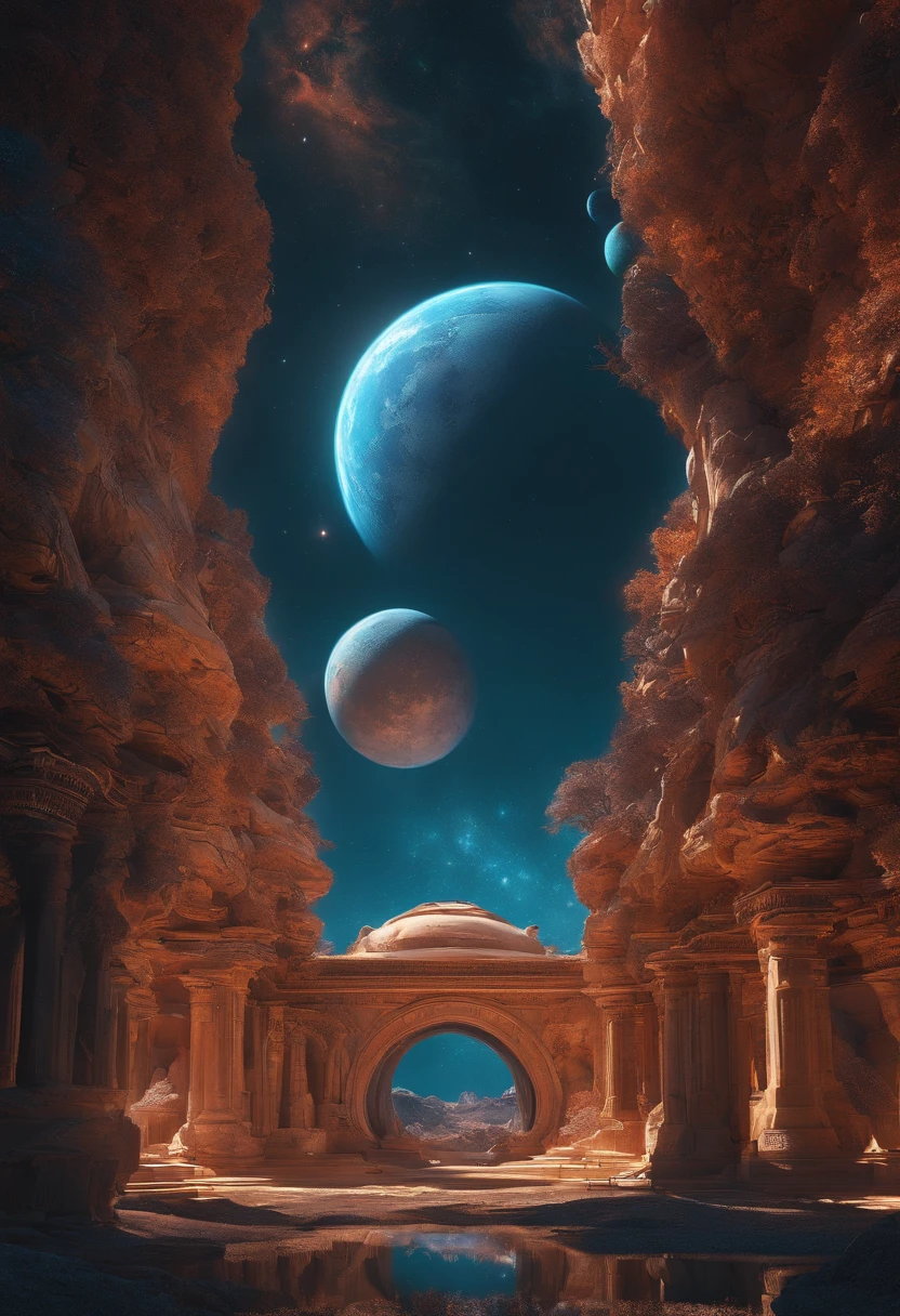 Utopian world、Awesome bright colors, ighly detailed, The perfect world, Reflective surfaces, Subsurface Dispersion, Beyond imagination, in 8K, wide angles、Sci-fi world、kosmos、planetes、a moon
