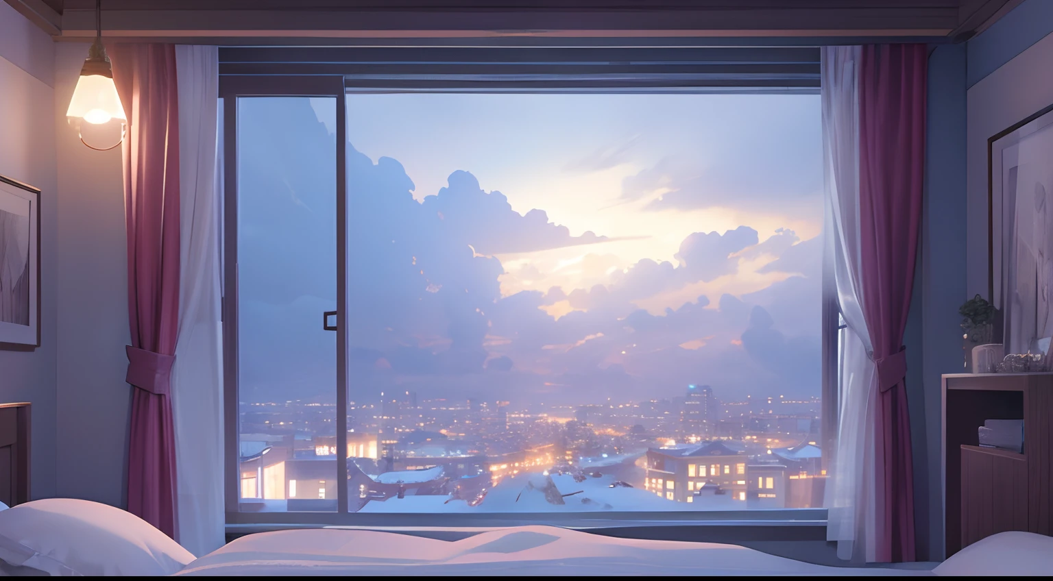 cloudy weather cloudy windowsill view from inside view snowy view indoor bed view from bed illustration winter night cloudy landscape scenery graphic top quality landscape