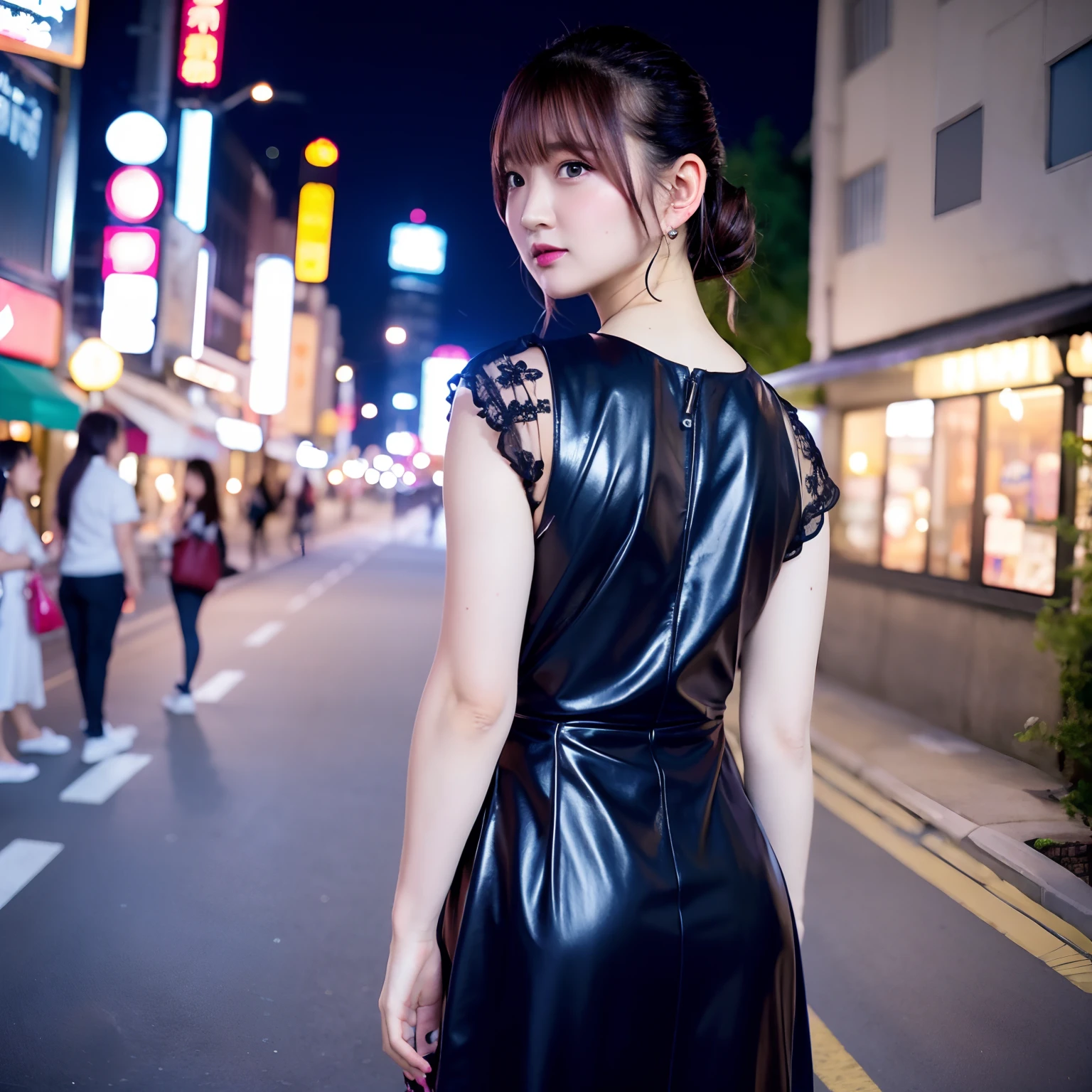 Best Quality, masutepiece, 超A high resolution, (Photorealistic:1.4),1girl in, Raw photo, Portrait, Cute dress, Night, Street, city light, Warm lighting, Hands behind your back, Aya Yamane,TOKYOcty