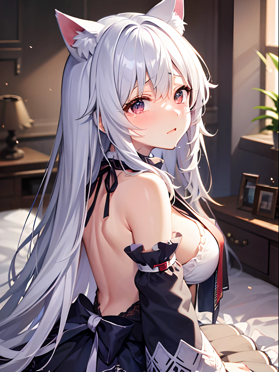 Best Quality, ultra-detailliert, Illustration, silber hair, Aimei,,embarrassed from，red blush，scratching your head，The long-haired，cute  face，beutiful breast，turned around，Close，Angle to show off breasts，look up to，finely detail，a bed、Maids，Cat's ears，crying how bright，Sit up，，turned around，skirt by the，backs