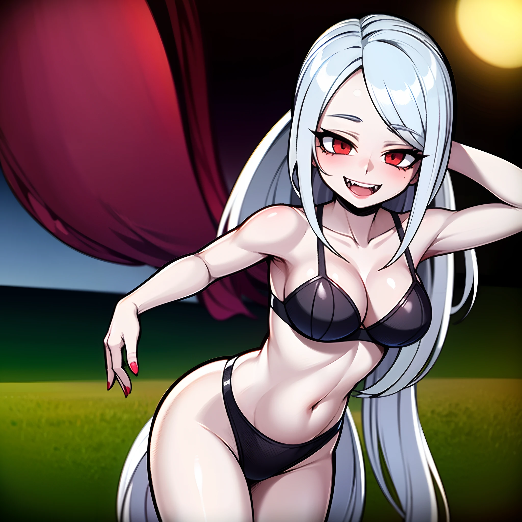 Young woman, anime, black hair, vampire girl, vampire, pale skin, wearing a black lingerie, red eyes, smiling, vampire tooths, in a cemetery, night, standing, sensual position, ahegao, 4k, moon behind, paisagistco