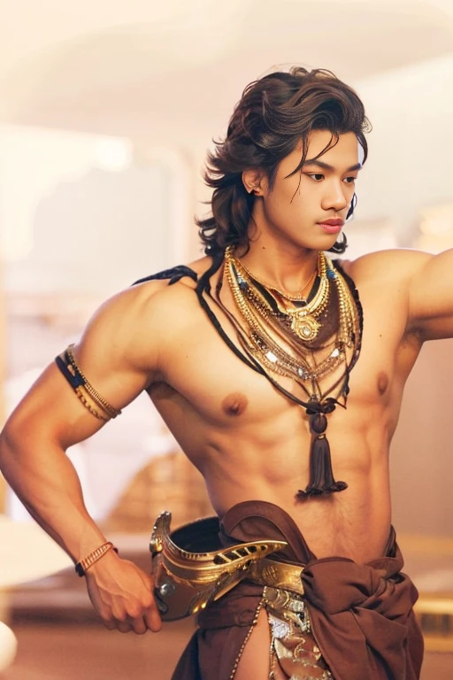 masuter piece、well built、jefri nichol a javanese Male、Age 15、Hot Guy、lite moustache, muscular、macho、wearing majapahit kingdom costume, gold head band, gold shoulder band, gold necklace, gold crown, hair bund, long-haired、Fade Cut、bodybuilder, Large body、low angles、Real texture、wear sarong batik,