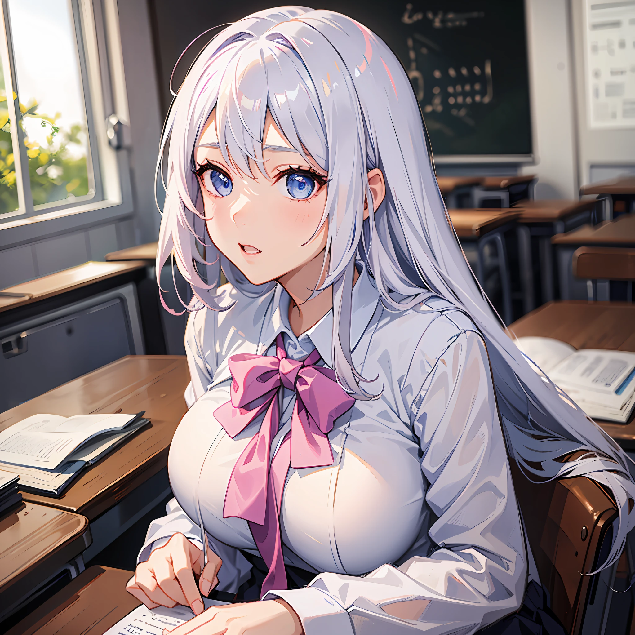 Una chica en la oficina vestida de secretaria sexy con la camisa poco abotonada mostrando los pechos, acostada en un escritorio, con cara seductora, levantandose la falda