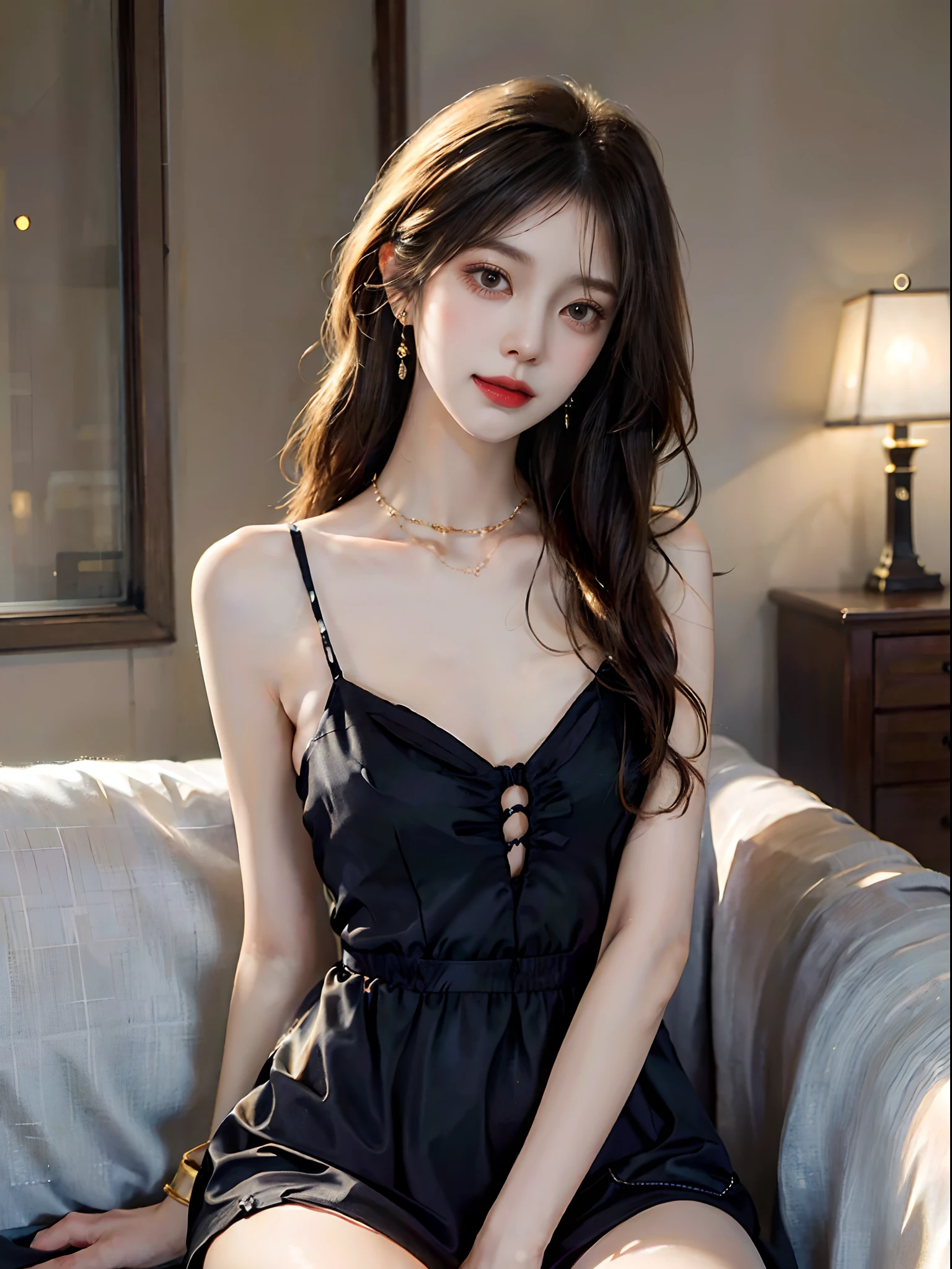 ((knee shot)), A young girl, the night, lamplight, inside in room, Sit Pose, sitting in the couch, Cross ed leg, posing elegantly, warm lights, a warm color palette, ((black long dress, DEEP-V COLLAR, high-waist)), Detailed scenes, Long messy hair, Brownish-yellow hair, light make-up, Blushlush, Nice slender legs, (Extremely high color saturation), Detailed details, ultra-detailliert, (tmasterpiece, best qualtiy), (An extremely delicate and beautiful work), Delicate earrings, Delicate necklace, Simple blurred background, Extreme detail description, Ultra-fine painting, Delicate face, slim toned body, Slimming the waist, grin