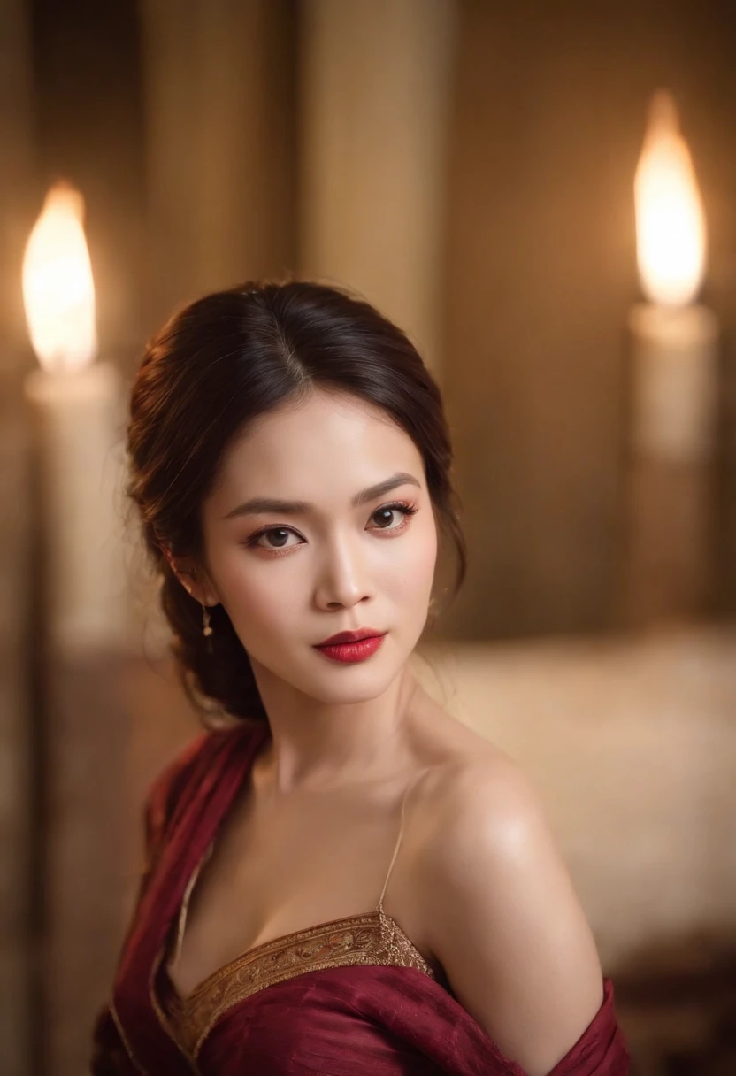 (((a deep reddish wound crosses her left cheek))) fair complexion, Thai be man around 30 years old, natural dark hair, distinctive brown eyes, shirtless , slender and graceful, handsome, candlelight in a medieval setting, ultra sharp focus, realistic shot, athletic , tetradic colors (scar:1.4)