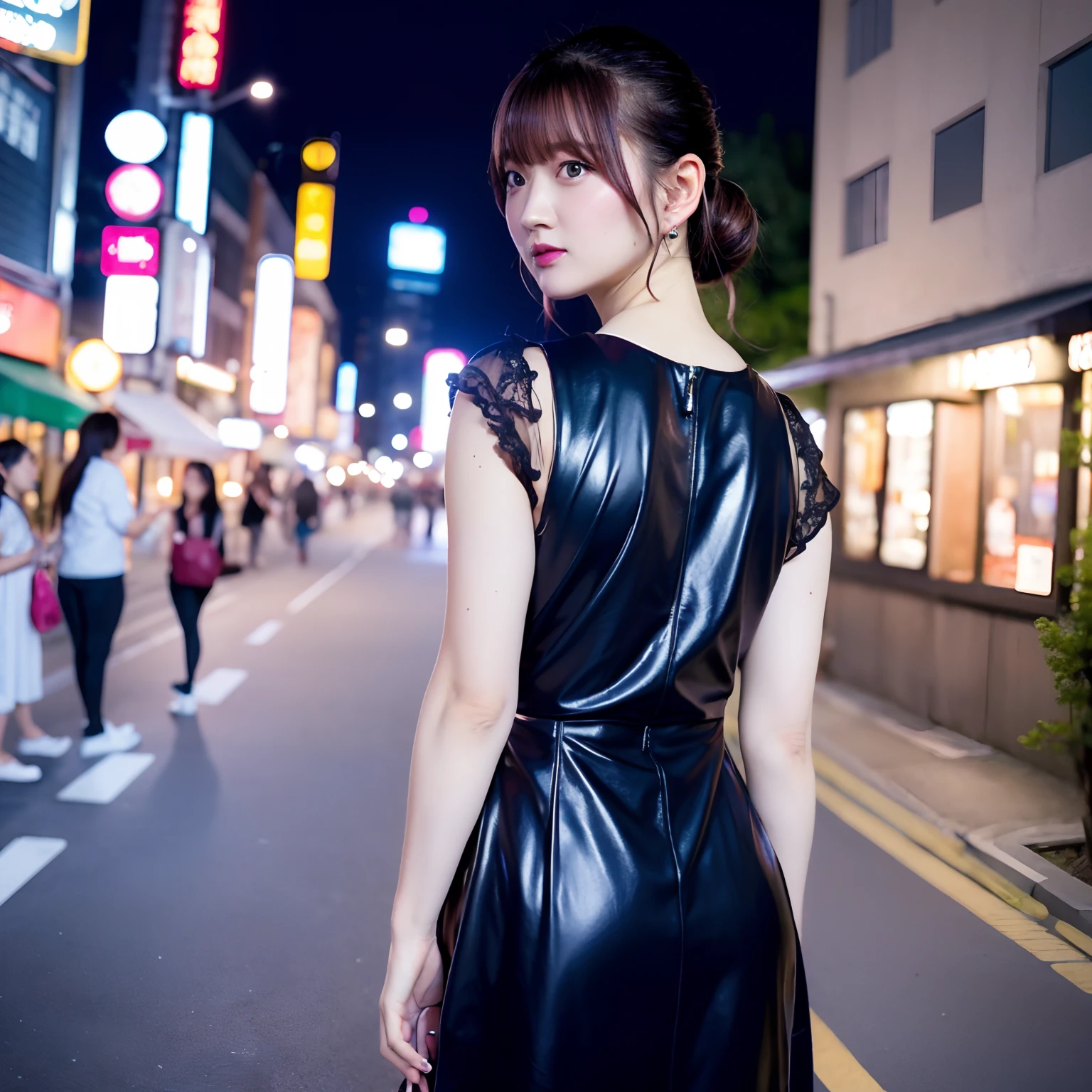 Best Quality, masutepiece, 超A high resolution, (Photorealistic:1.4),1girl in, Raw photo, Portrait, Cute green dress, Night, Street, city light, Warm lighting, Hands behind your back,  Aya Yamane,TOKYOcty