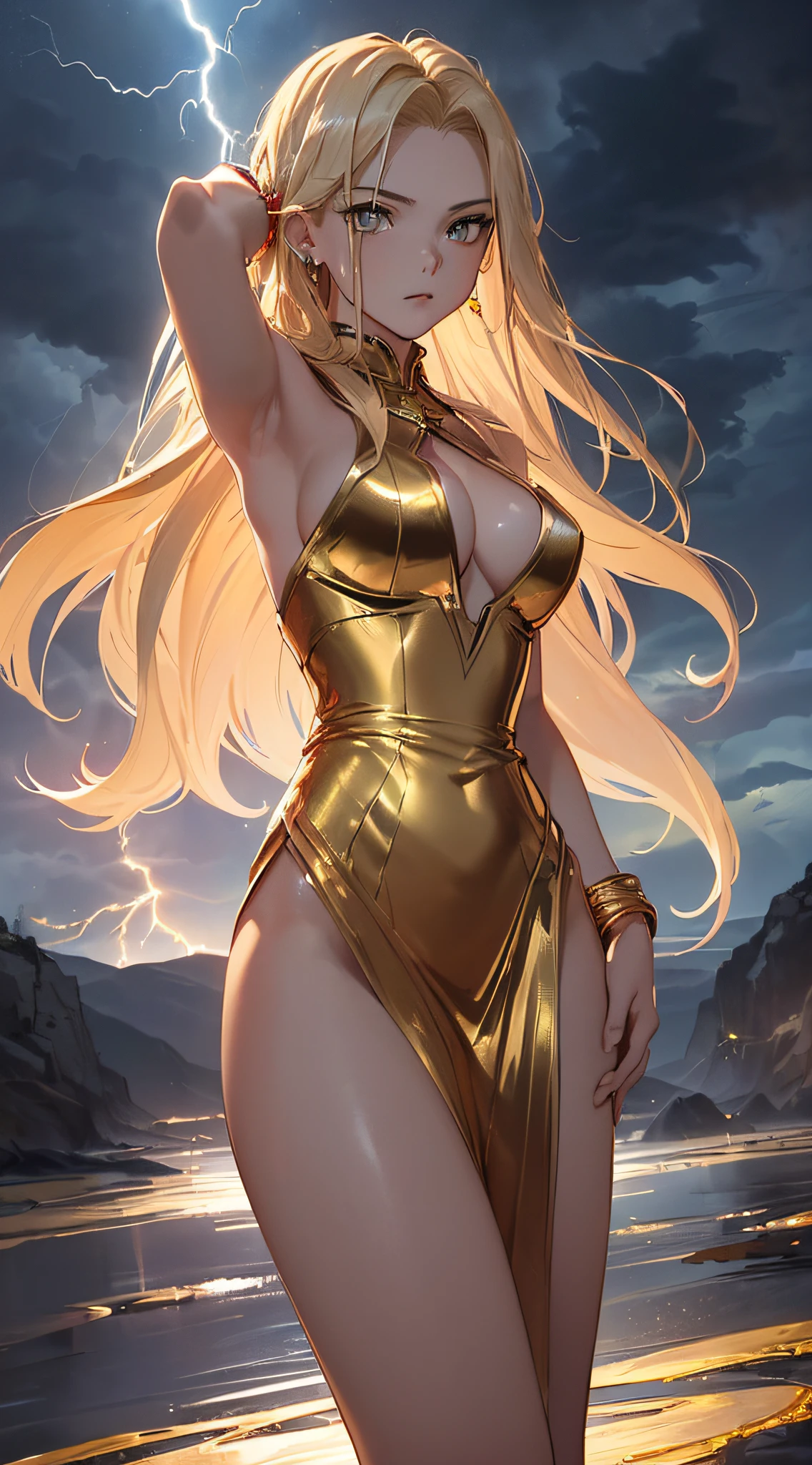 top-quality、Top image quality、​masterpiece、girl with((18year old、Best Bust、big bast、Bust 85,beautiful golden eyes、Breasts wide open,Blonde long hair、A slender、Large valleys、Black and gold dress、Goldcloak,Reflecting the whole body、Open your arms、Gold ring on wrist、Shoot lightning from your hands、Leaning forward)）hiquality、Beautiful Art、Background with((nigh sky、black clouds、lightning bolt、Intense thunder、Thunderbolt、Red thunder、Blue lightning strike、Gold Thunder)))masutepiece、visualart、depth of fields、sky at night