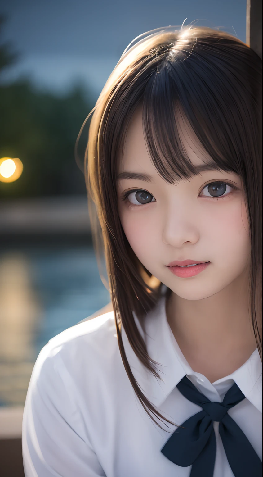 masutepiece, Best Quality, 8K, 8years old, Teen, Raw photo, absurderes, award winning portrait, Smile, Solo, (Night:1.8), Idol face, Delicate girl, Upper body, Digital SLR, Looking at Viewer, Candid, Sophisticated,Thin arms, Professional Lighting, Film grain, chromatic abberation, (Eyes and faces with detailed:1.0), (Bokeh:1.1) , (Office Lady Uniform:1.1) , closes mouth , A dark-haired , drooing eyes , large full breasts , (Thick lip:1.2) , 15-year-old face , red-lips