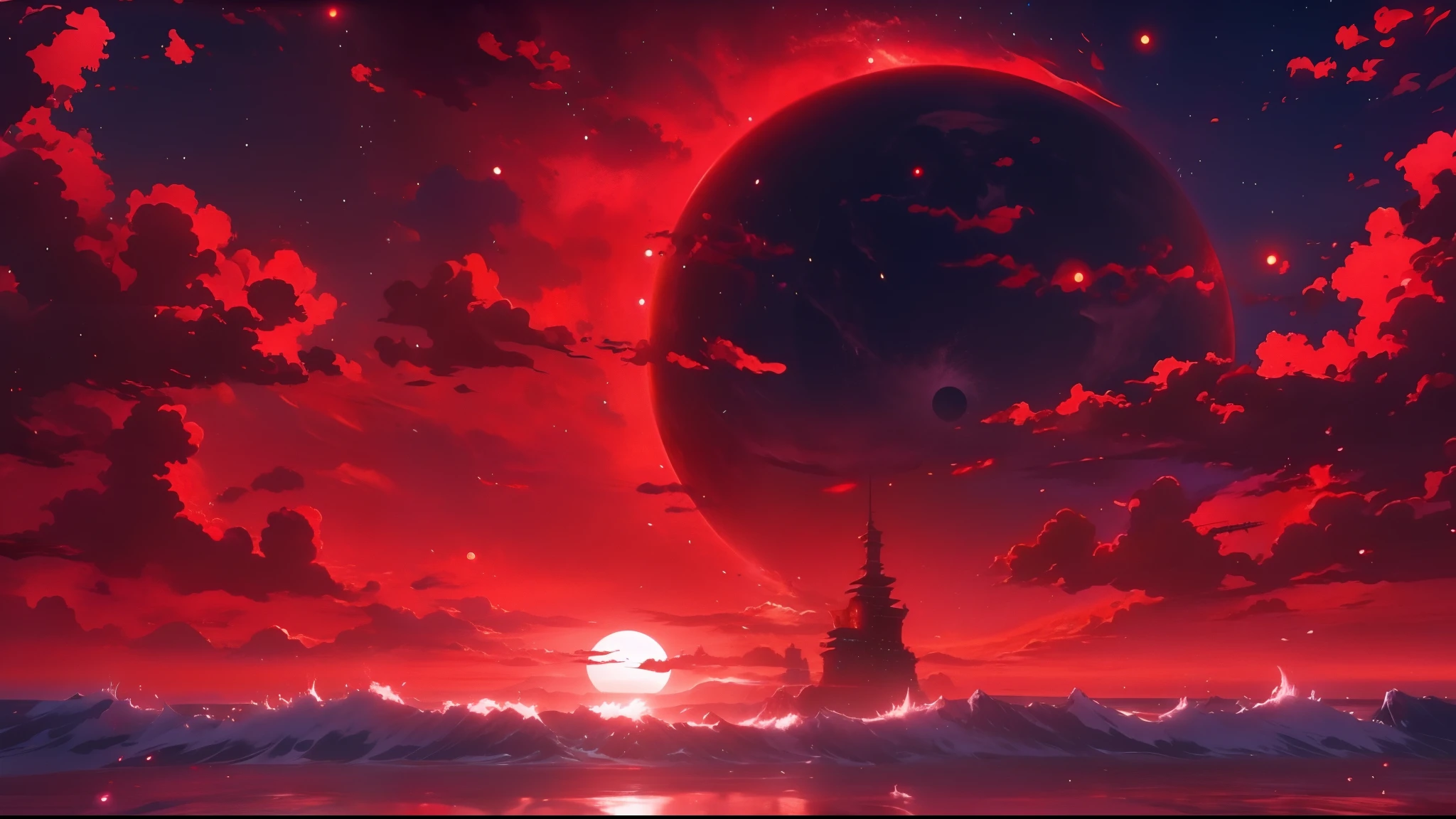 anime, Red sky，Black moon, 4K anime wallpaper, Anime wallpaper 4 k, Anime wallpaper 4K, style of anime4 K, red sun over paradise, blood moon background, Anime art wallpaper 8 K, Anime art wallpaper 4 K, Anime art wallpaper 4k, 4k manga wallpapers, epic red - orange moonlight