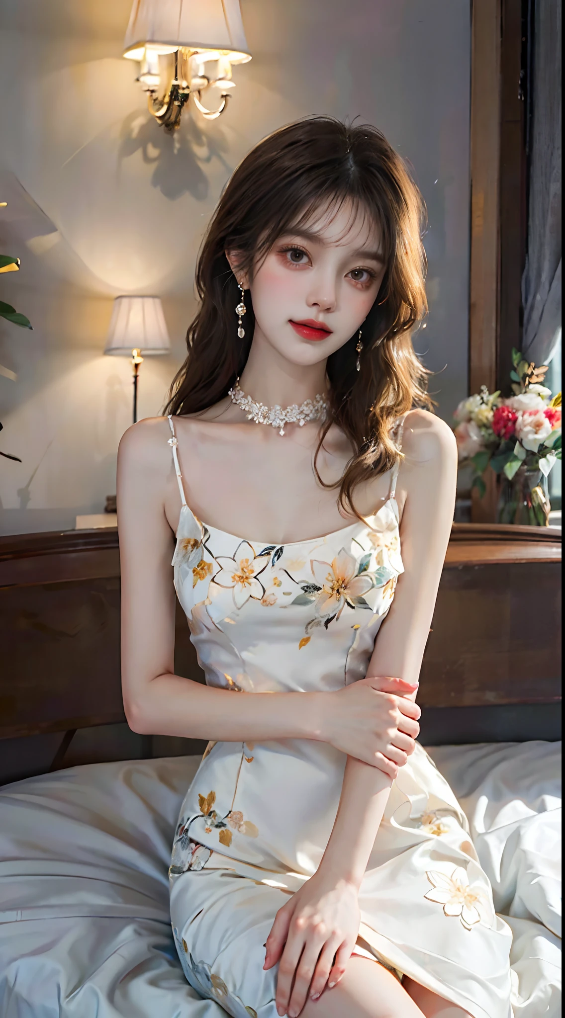 ((full body)), ((from below)) A young girl, the night, lamplight, inside in room, Sit Pose, sitting in the couch, Cross ed leg, posing elegantly, warm lights, a warm color palette, ((Long white floral dress, DEEP-V COLLAR, high-waist)), Detailed scenes, Long messy hair, Brownish-yellow hair, light make-up, Blushlush, Nice slender legs, (Extremely high color saturation), Detailed details, ultra-detailliert, (tmasterpiece, best qualtiy), (An extremely delicate and beautiful work), Delicate earrings, Delicate necklace, Simple blurred background, Extreme detail description, Ultra-fine painting, Delicate face, slim toned body, Slimming the waist, grin