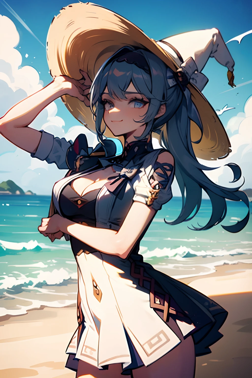 SFW, Obra maestra, En pie (Mujer 1), (((Pose linda)), (Vestido largo blanco), ojos amarillos, Pouder cabello azul, linda sonrisa, (Playa), viento, sonrojarse, sombrero de heno, tetas grandes, muslos gruesos