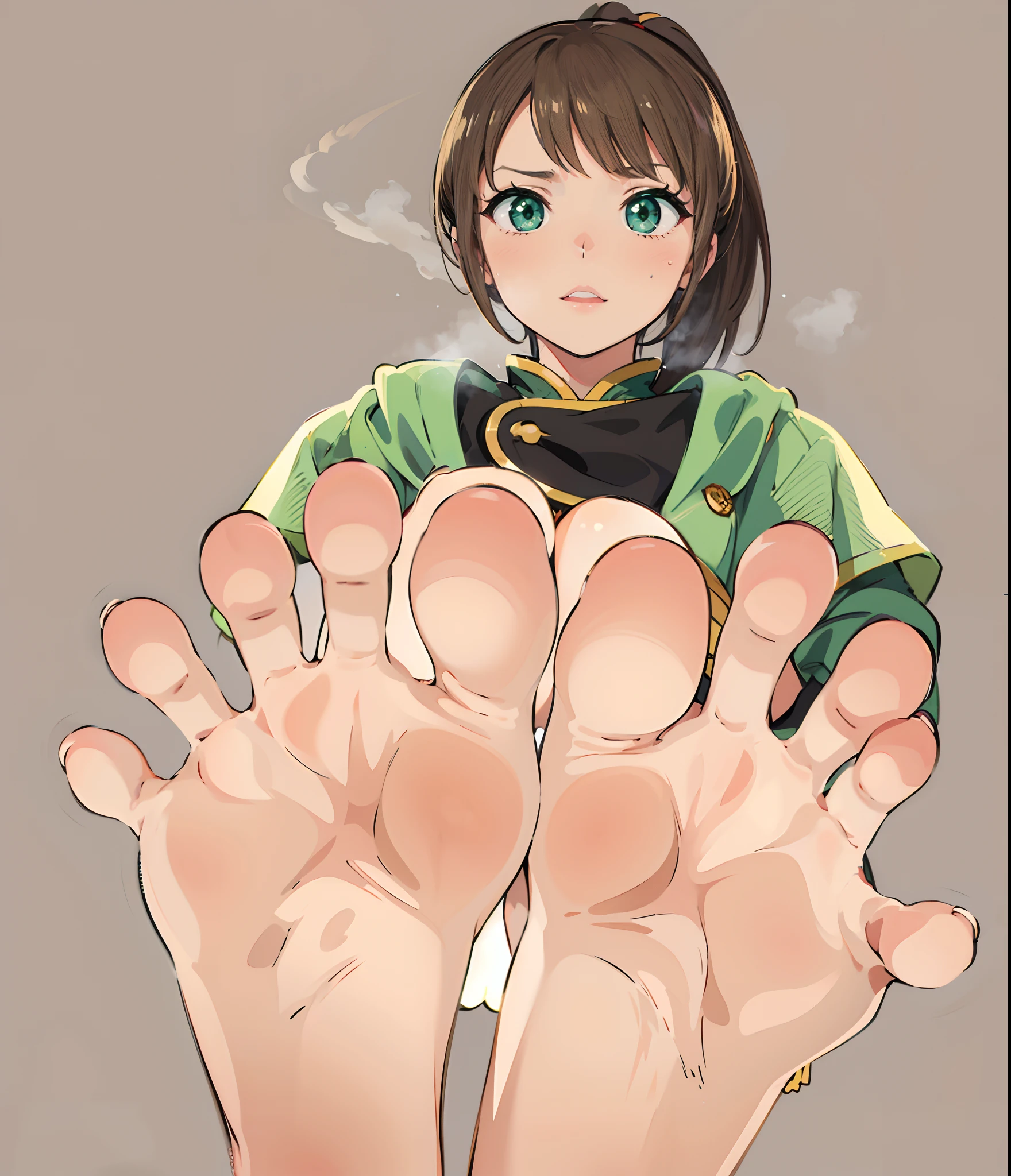 (masutepiece:1.1), (high resolusion:1.2), (Illustration:1.05), (ultra detailed 8k art:1.05), (finely detailed beautiful eye), Perfect face, Bright pupils, Lustrous skin, hayami_Sena ,Green eyes, , Black_Belt bag, Green_Capelet, Green_Jacket, white_Shorts,, Long sleeves, fullllbody, blushed, Looking at Viewer, sole, Barefoot soles、poneyTail、Smelly、5 toes、Sole Focus、Open your toes、Bare legged、bare-legged、Brown hair、Sena Hayami、Stuffiness on the soles of the feet、Sweaty feet
