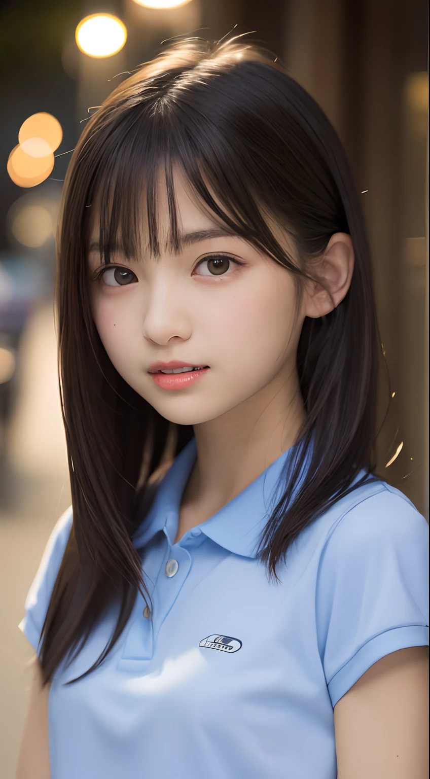 masutepiece, Best Quality, 8K, 5years old, Raw photo, absurderes, award winning portrait, Smile , Solo, Night, neons, Idol face, Delicate girl, Upper body, Digital SLR, Looking at Viewer, Candid, Sophisticated, Thin arms, Professional Lighting, Film grain, chromatic abberation, (Eyes and faces with detailed:1.0), (Bokeh:1.1) , closes mouth , The shirt