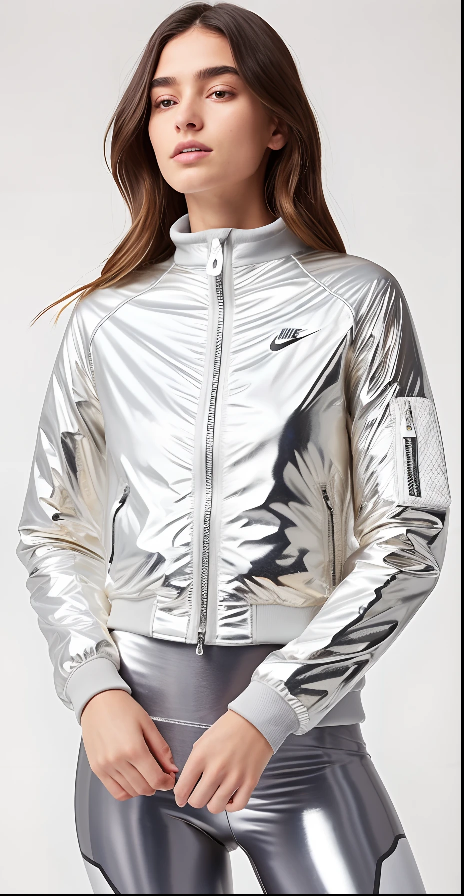 Uma mulher com uma jaqueta branca e leggings cinzas posa para uma foto, suit jacket, jaqueta esportiva, white jacket, jaqueta curta, translucent body, desgaste sutil - e - rasgo, corpo transparente, INSPO, Metal Refletivo, jaqueta sobre tronco nu, skin reflective metallic, Fato de ciclismo Nike, Reflective metal, encapuzado, roupas esportivas, roupas esportivas, jaqueta bomber, wearing jacket