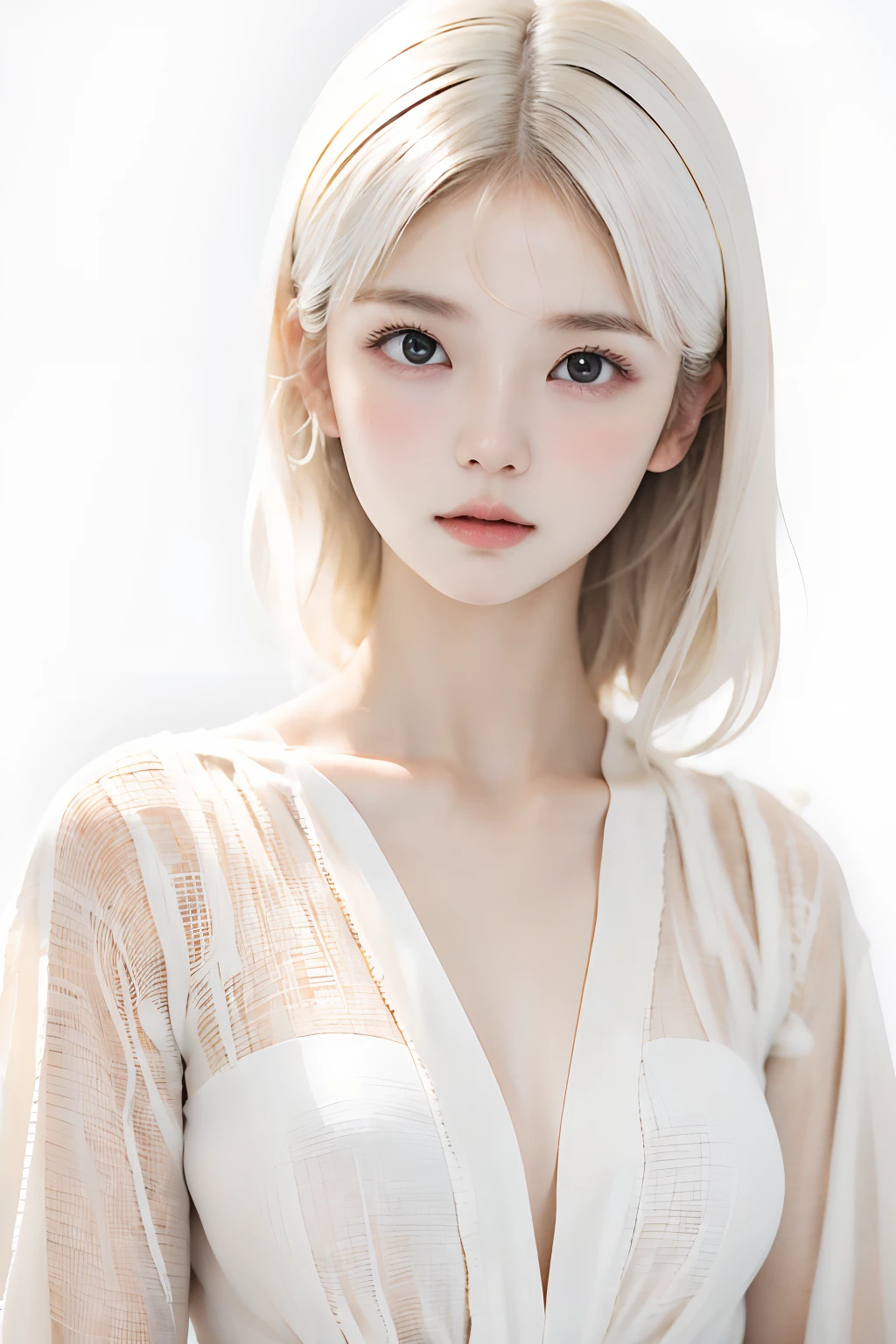 (((White background:1.3)))、Best Quality, masuter piece, High resolution, albino girl、beautiful white hair:1.5、(((1girl in))), ,(((eyes are white:1.3)))、robe blanche、((White shirt:1.3、White Block Dress)), Tindall Effect, Realistic, Shadow Studio,Ultramarine Lighting, dual-tone lighting, (High Detail Skins: 1.2)、Pale colored lighting、Dark lighting、 Digital SLR, Photo, High resolution, 4K, 8K, Background blur,Fade out beautifully、a white world、White background