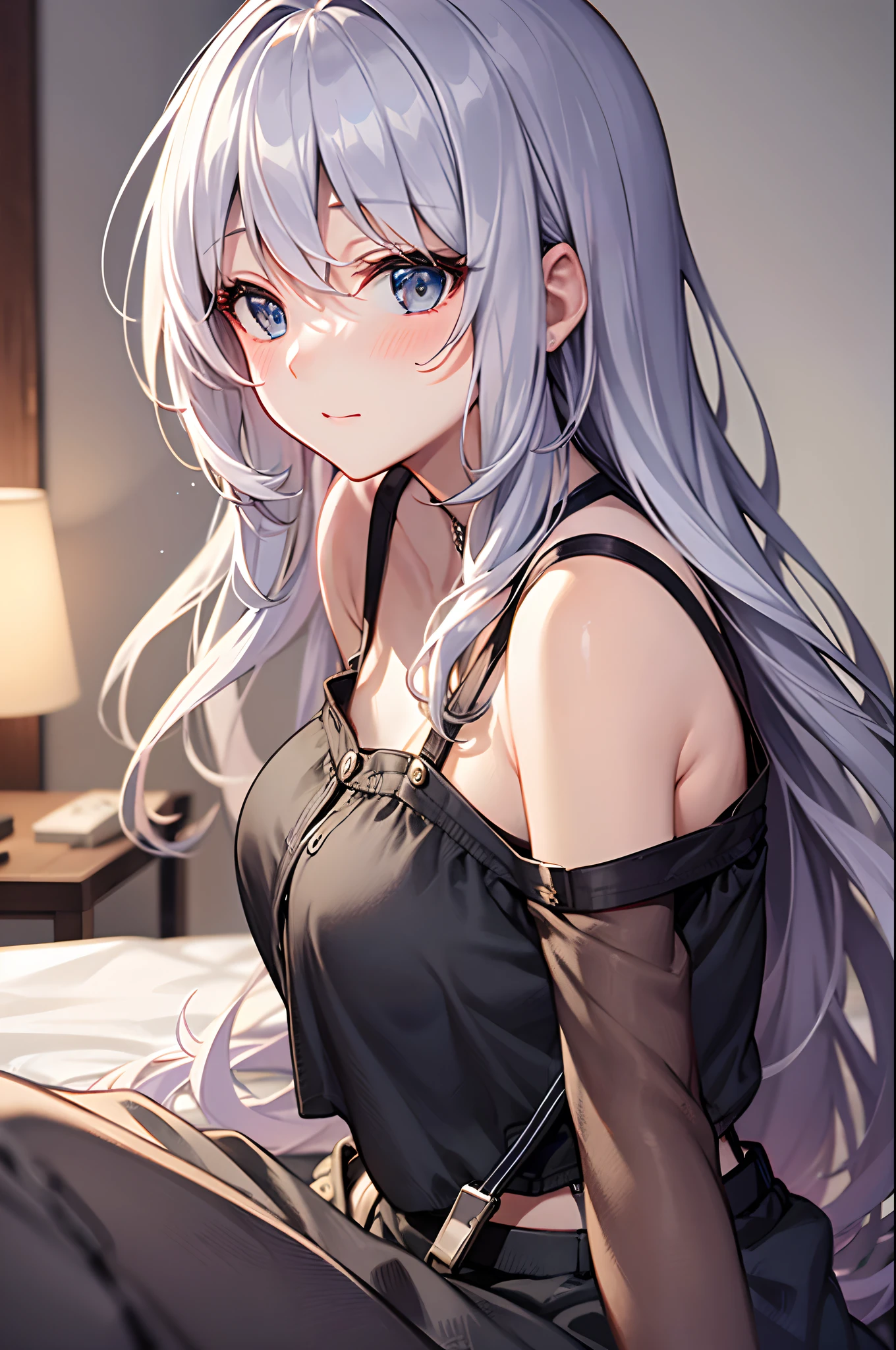 Best Quality, ultra-detailliert, Illustration, silber hair, Aimei,, embarrassed from，The long-haired，cute  face，beutiful breast，Suspender Skirt，Casual clothing，a bed