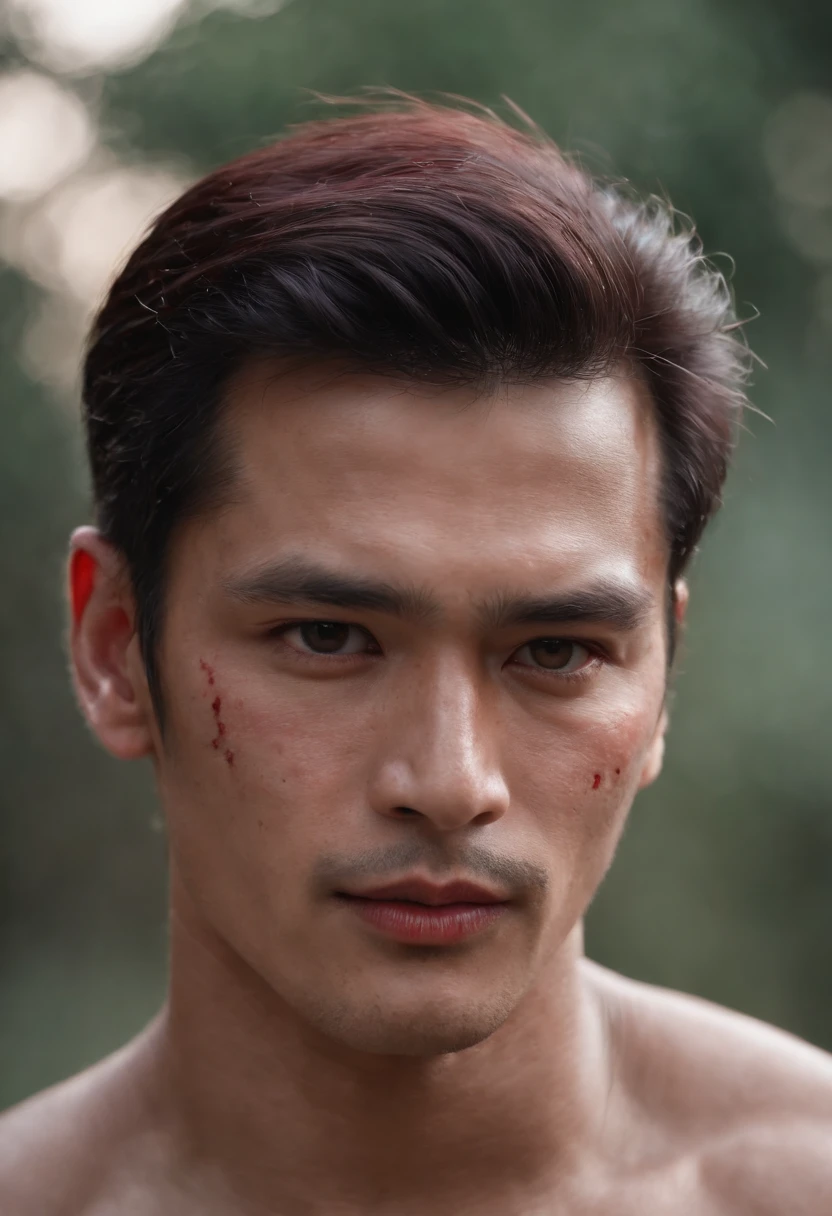 (((a deep reddish wound crosses his left cheek))) Thai be man around 30 years old, natural dark hair, distinctive brown eyes, shirtless , muscular , handsome, candlelight in a medieval setting, ultra sharp focus, realistic shot, athletic , tetradic colors (scar:1.4)