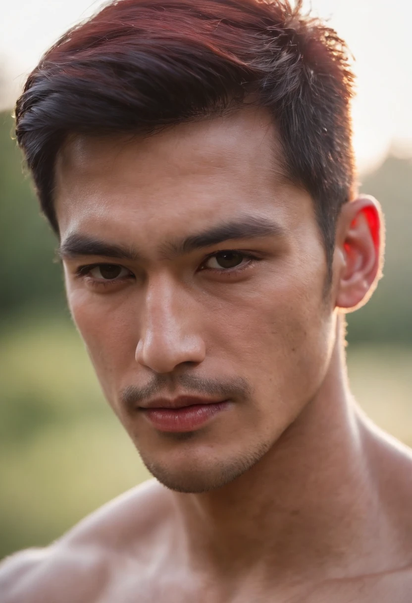 (((a deep reddish wound crosses his left cheek))) Thai be man around 30 years old, natural dark hair, distinctive brown eyes, shirtless , muscular , handsome, candlelight in a medieval setting, ultra sharp focus, realistic shot, athletic , tetradic colors (scar:1.4)