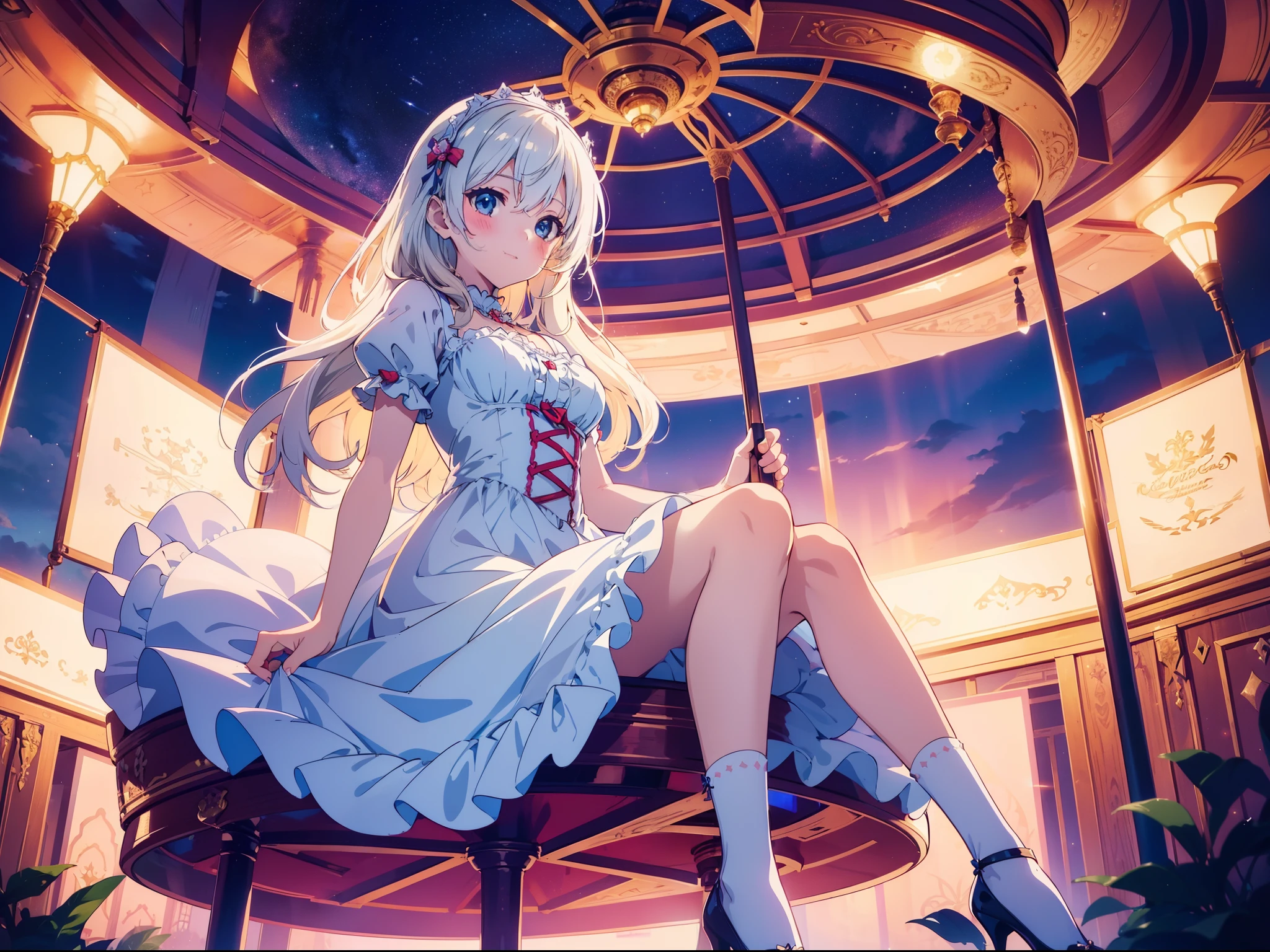 1 cute girl sitting on merry-go-round, character focus, (from below:0.9), laugh, night, spotlighting, cinematic lighting,(((Glint))),, ruffle dress ,((masterpiece)), ((best quality)), ((ultra-detailed)), (illustration), ((an extremely delicate and beautiful))