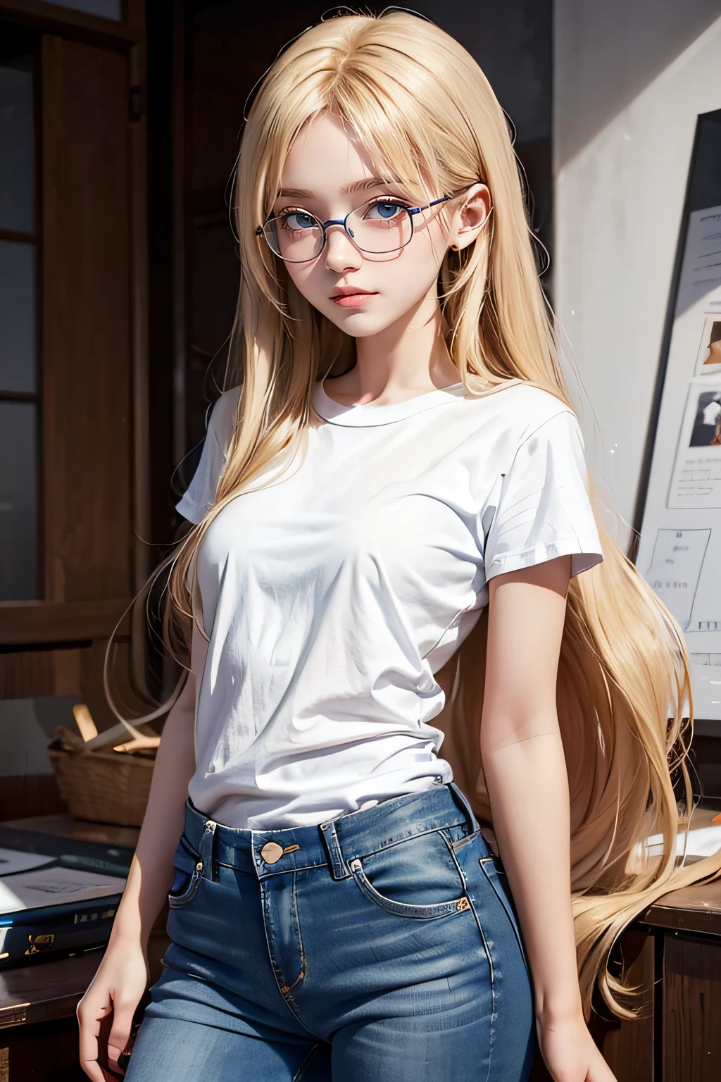 Cute *********** s , long  hair , portrait of a , Blue skinny jeans , white t-shirt , spectacled , a blond