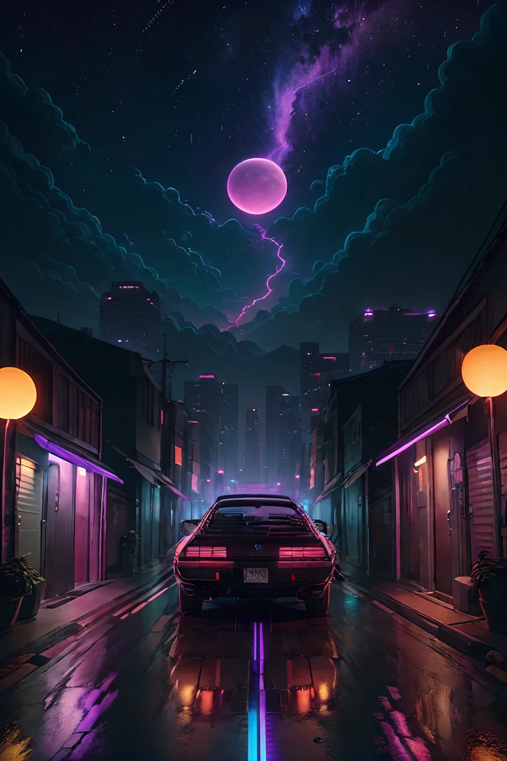 retrowave。城市, BMW cars, pathway, PURPLE NEON MONITOR LIGHT, suns, mont,
(tmasterpiece,A detailed,A high resolution),