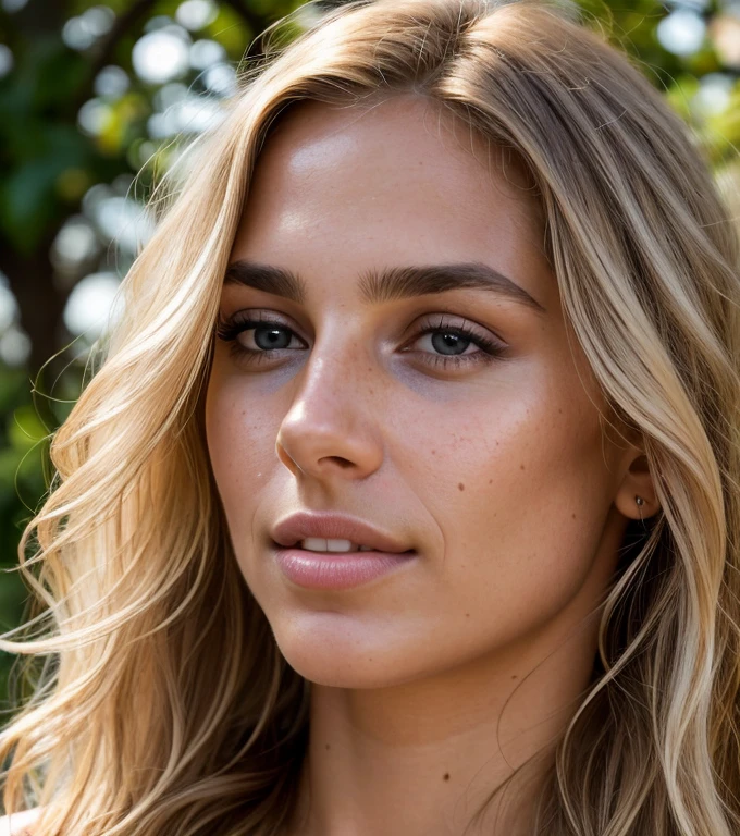 half body portrait photo of a beautiful 25 years european woman, endless long (extra long wavy blonde hair), [[[[chest]]]] [[[[neck]]] [shoulders]]]]], Award - winning photograph, Masterpiece, 8k, ultra high res, hyper detailed, beautiful woman, perfect face, rule of thirds, Perfect eyes, Perfect iris, perfect pupils, (perfectly round iris:1.3), Perfect lips, Perfect teeth, dimples, perfect nose, highly detailed hair, ((detailed face)), ((detailed facial features)), (finely detailed skin), tanned skin, realistic skin texture, extreme skin details, (pores:0.1),(sweaty:0.8), insane details, intricate details, amazing fine detail, photorealistic, photograph, realistic, realism, photorealism, rich colors, lifelike texture, neutral colors, god rays, Soft front light,cinematic lighting, dramatic lighting,dappled light on face, backlight on hair, sharp focus, wide angle, film grain, dslr, raw photo, photographed on Nikon