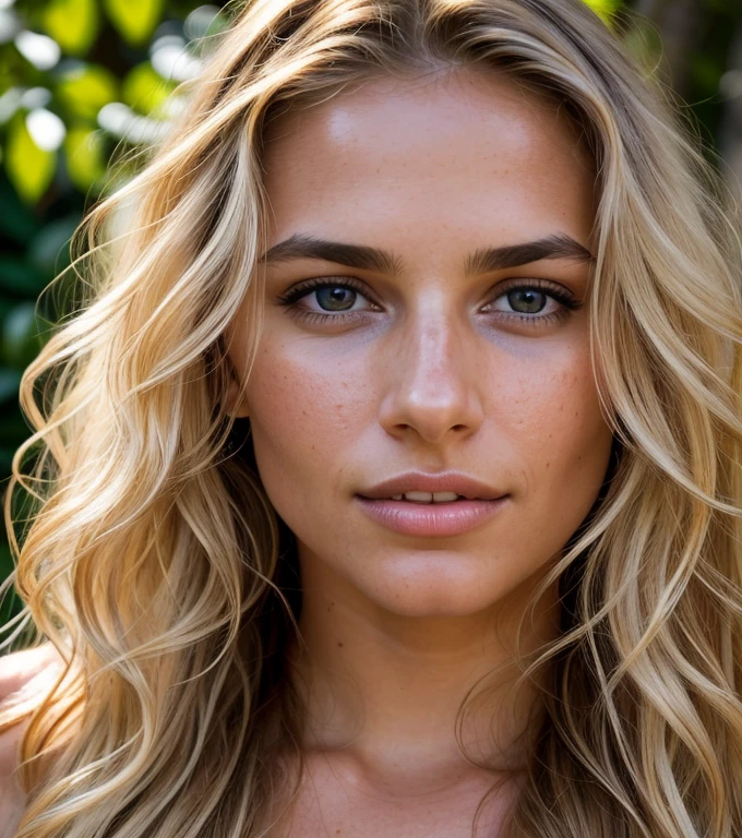half body portrait photo of a beautiful 25 years european woman, endless long (extra long wavy blonde hair), [[[[chest]]]] [[[[neck]]] [shoulders]]]]], Award - winning photograph, Masterpiece, 8k, ultra high res, hyper detailed, beautiful woman, perfect face, rule of thirds, Perfect eyes, Perfect iris, perfect pupils, (perfectly round iris:1.3), Perfect lips, Perfect teeth, dimples, perfect nose, highly detailed hair, ((detailed face)), ((detailed facial features)), (finely detailed skin), tanned skin, realistic skin texture, extreme skin details, (pores:0.1),(sweaty:0.8), insane details, intricate details, amazing fine detail, photorealistic, photograph, realistic, realism, photorealism, rich colors, lifelike texture, neutral colors, god rays, Soft front light,cinematic lighting, dramatic lighting,dappled light on face, backlight on hair, sharp focus, wide angle, film grain, dslr, raw photo, photographed on Nikon