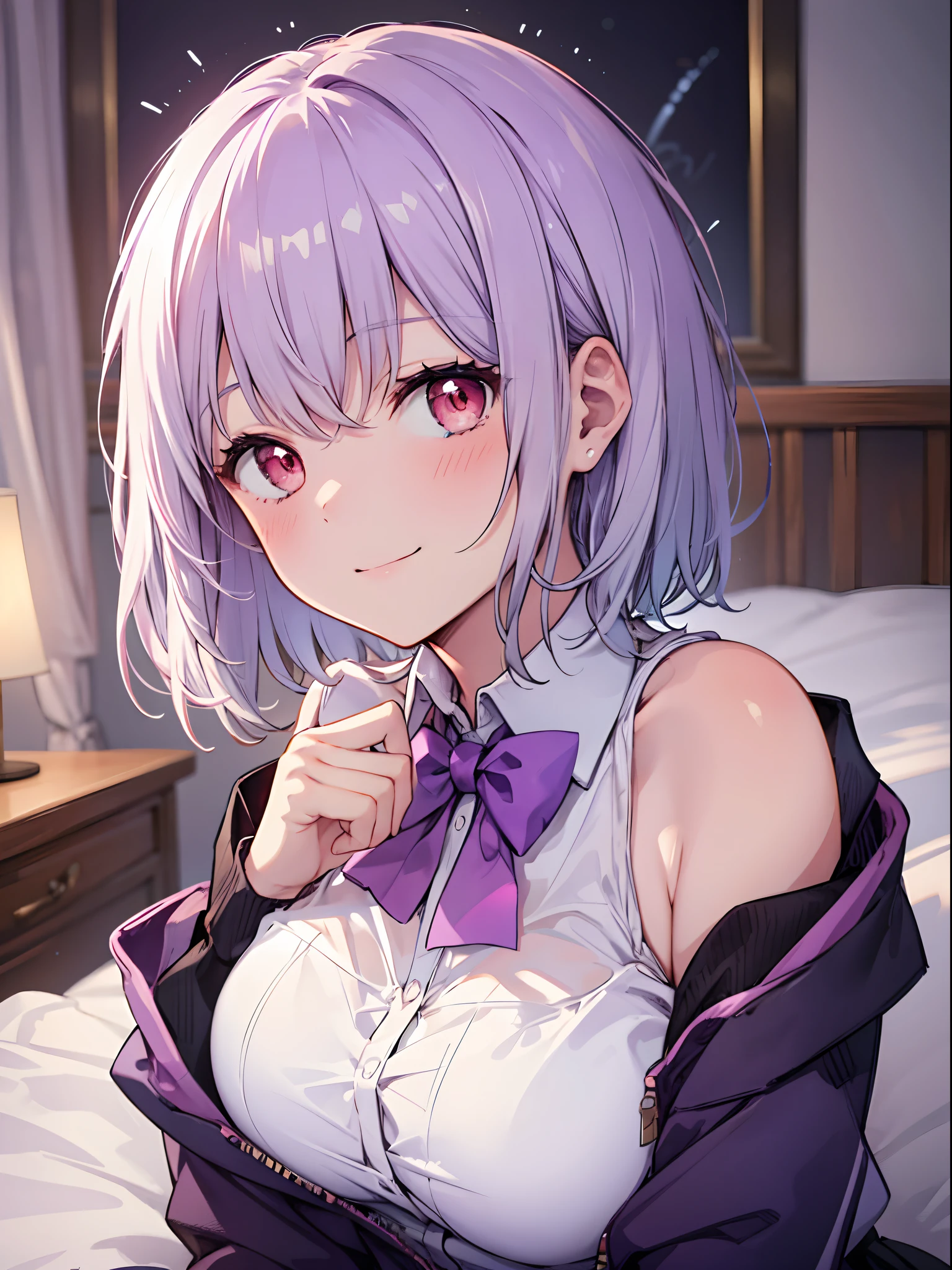 superfine illustration,(perfect anatomia), anime illustrated,​masterpiece, top-quality, hight resolution, 
1girl in, (Chiquita:1.2),
aaakane, Short hair, Red Eyes, (Large breasts), purple bowtie, Collared shirt, White shirt, off shoulders, Purple jacket, partially unzipped, Long sleeves, sleeves past wrists, Pleated skirt, Black skirt, pantyhose, 
Smile,

Looking at Viewer, Focus,
NSFW,
(lying on bed), Smile, blush,