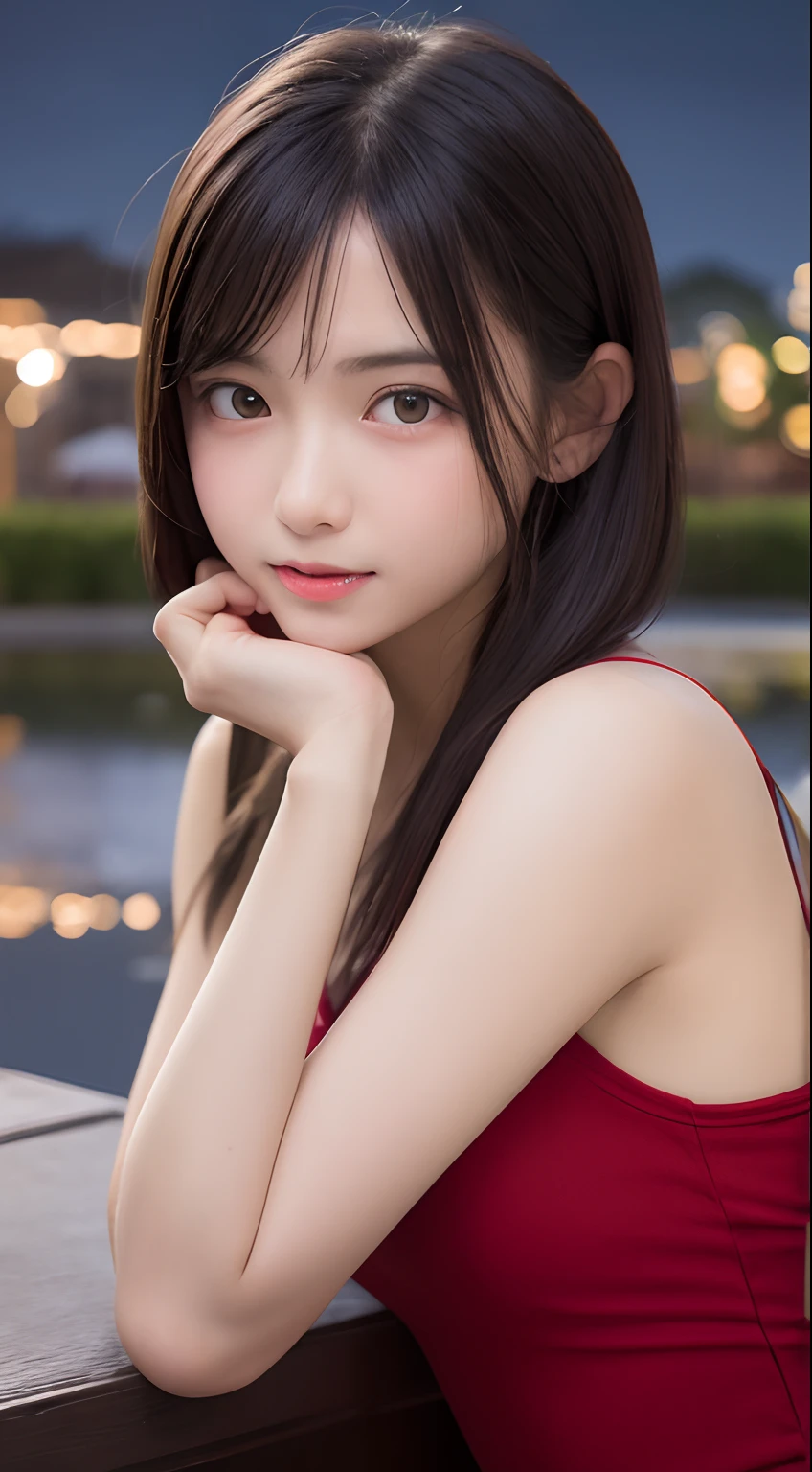 masutepiece, Best Quality, 8K, 8years old, Teen, Raw photo, absurderes, award winning portrait, Smile, Solo, (Night:1.8), Idol face, Delicate girl, Upper body, Digital SLR, Looking at Viewer, Candid, Sophisticated,Thin arms, Professional Lighting, Film grain, chromatic abberation, (Eyes and faces with detailed:1.0), (Bokeh:1.1) , (OL Uniform:1.1) , closes mouth , A dark-haired , drooing eyes , big-sized breasts ,(red-lips , thick lip:1.1) , de pele branca , 15-year-old face