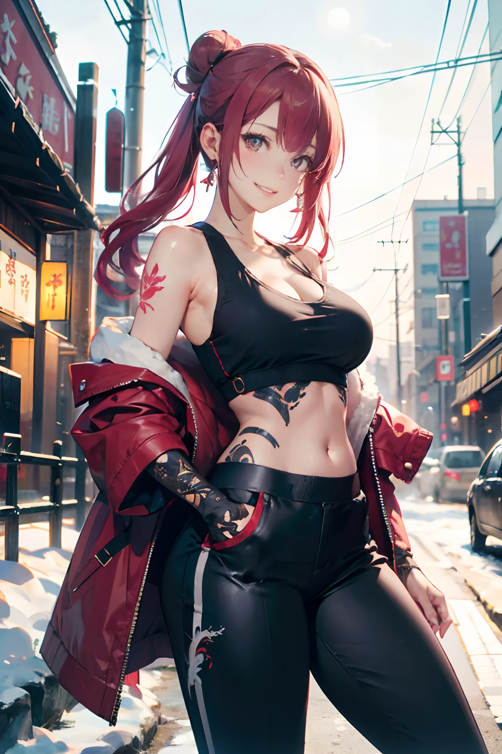 a 20 yo woman、Pink hair、Pink hair、long twintail、Big smile、cleavage of the breast、voluptuous breasts、Thighs at a glance、fishnet tights、＜Quality Improvement Prompt＞
　【pronpt】

＜Quality Improvement Prompt＞
＜Character appearance、Backgrounds and other prompts＞
BREAK (Red Theme:1.5), ((Red Outerwear, Oversized red pants, Red baggy pants):1.4), (She wears a long red coat with dragon embroidery over a black tank top:1.5), ((cleavage, 鎖骨):1.2), ((Navel, ankle):1.3), (pumps:1.2), (earrings:1.2), (Chinese charactersa, Chinese characters:1.2),
＜expressioness、illuminating、Other Prompts＞Special attack suit、

【negative】

(Black pants:1.4),
＜expressioness、illuminating、Other Prompts＞(hi-top fade:1.3)、dark themed、Muted Tones、Subdued Color、highly contrast、(natural skin textures、Hyper-Realism、Soft light、sharp) (masutepiece, of the highest quality, Best Quality, Official art, Beautiful and aesthetic: 1.2), (1girl in: 1.3), Very detailed, (Fractal Art: 1.1), (Color: 1.1) (Flowers: 1.3), (By Yuko Higuchi:1.4), Yuko Higuchi,(posted by Yow:1.2),(linear art),Line drawing,Pen drawing,Zentangle,(Tattoo patterns:1.2),(complex lines),(masutepiece),(Best Quality:1.1), (Ultra-detailed),Best Illustration,finely detail,hand-drawn high quality,High contrast,(Clean lines:1.3),ligne claire,(Portrait),(very closeup:1.1),1 girl,Solo,The girl is wrapped in snow,(Intricate details:1.3),(Detailed background:1.2),(coloured background:1.1),sketch,Intricate details,High resolution，a moon，top-quality、8K、hight resolution、​masterpiece、(portlate:0.6)、A dark-haired、Middle hair、(grinning evily:1.3)、(Look at viewers:1.3)、(bokeh dof)、18year old、8K, masutepiece, (Photorealistic:1.5), Artistic portrait from behind ((Yakuza Girls) Wearing kimono), back tattoo, Revealing the tattoo on the back, (Dragon tattoo), Bare shoulders, huge-breasted,  Beautiful skin, Slim Fit Body, Cute face, nice appearance, look at viewr, Red hair in a bun with bangs, Foggy, Daylight, skyscapers, Clouds, Cozy and cool atmosphere, Dynamic lighting, natural, artistic，18-year-old girl Wahori skin, Yakuza, Japan Mafia, Background of Tokyo Red Light District, Realistic, Photoreal, masutepiece, Best Quality, Sexy with tattoos, Exotic, Erotic，Tribal tattoos Tribal tattoos all over the arm，