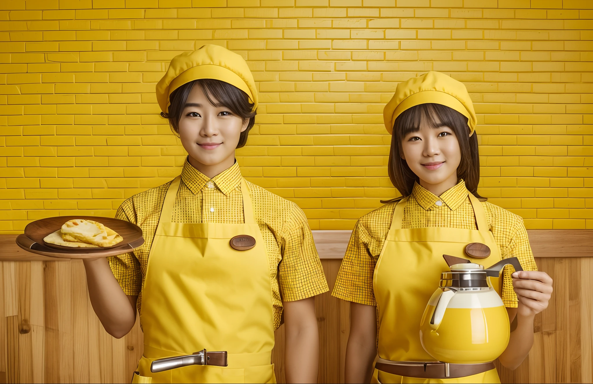 (in 8K、RAW Photography、top-quality、masterpiece:1.2)、(Best Quality、in 8K、nffsw:1.2)、Professional Writing、Professional Photography, advertising photography, SLR camera,High quality, Kodak portra 400, Male and female waiters, Having an omelet, Having a Coffee Pot, (Yellow background:1.8), Two people, Yellow apron, Yellow striped shirt with short sleeves, Yellow Hat, Yellow brick and yellow wood walls,Bright interior, forward light