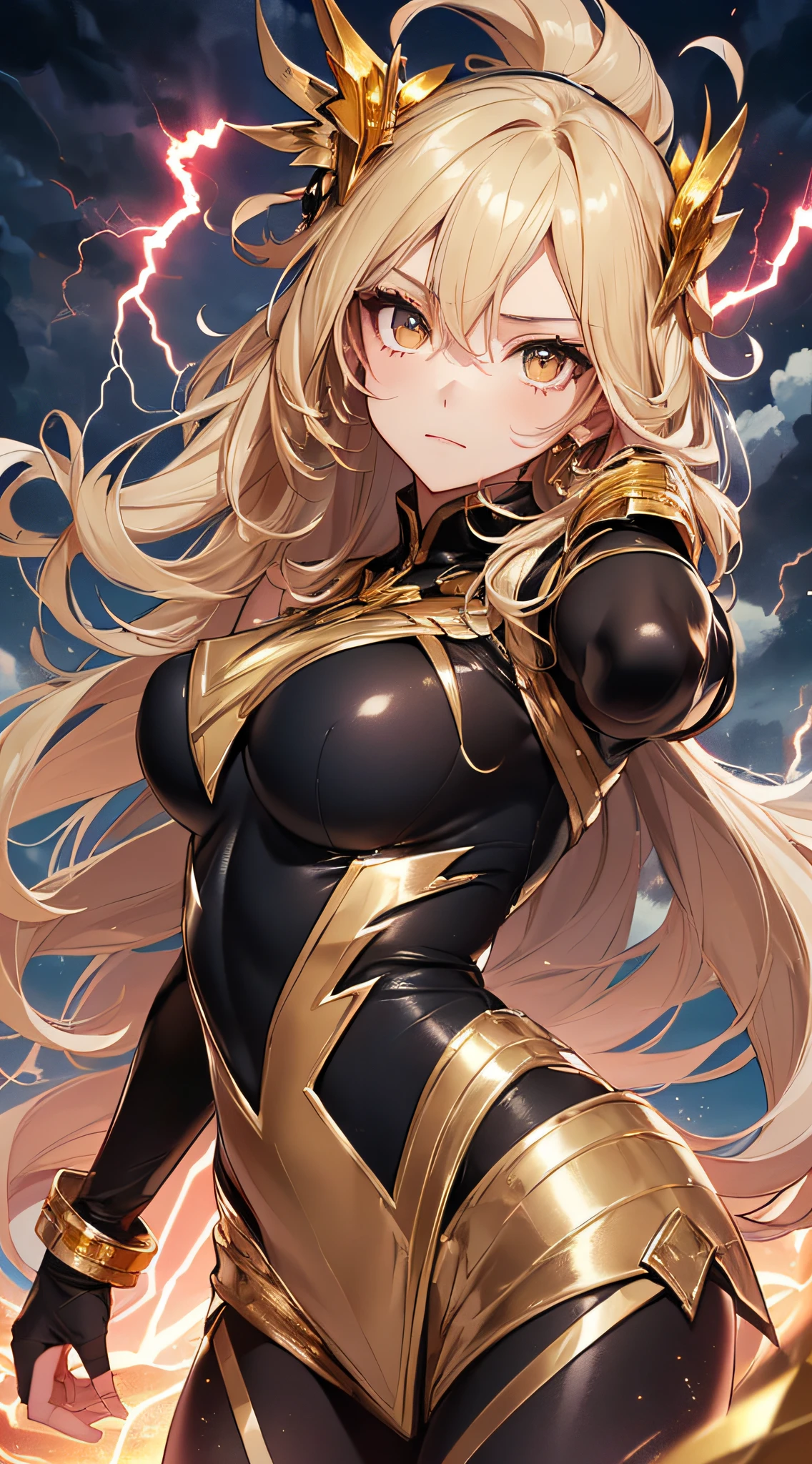 top-quality、Top image quality、masterpiece、girl with((18year old、Best Bust、big bast、Bust 85,beautiful golden eyes、Breasts wide open,Blonde long hair、A slender、Large valleys、Gold Bodysuit,Reflecting the whole body、Open your arms、Gold ring on wrist、Shoot lightning from your hands、Leaning forward))hiquality、Beautiful Art、Background with((nigh sky、black clouds、lightning bolt、Intense thunder、Thunderbolt、Red thunder、Blue lightning strike、Gold Thunder)))masutepiece、visualart、depth of fields、sky at night