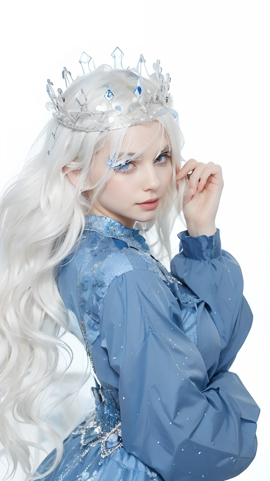 1 girl, white hair, long hair, blue eyes, blue crown, blue dress, sapphire, realistic, ultra detailed