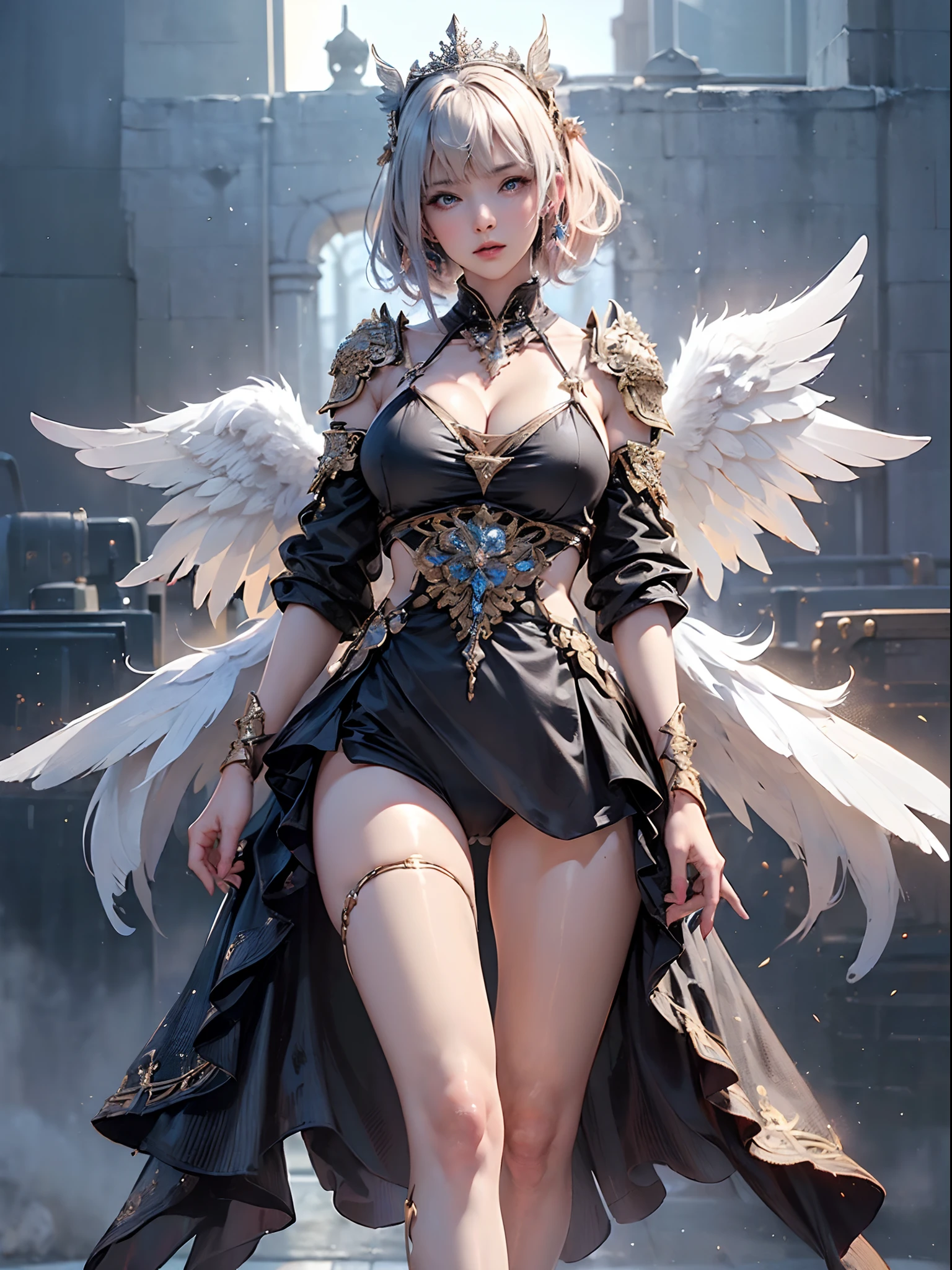 (( (tmasterpiece),(Very detailed CG Unity 8K wallpaper),(bustshot:1.5), best qualtiy,cinmatic lighting,Photorealsitic, 细致背景,beatiful detailed eyes,Bright pupils,(Very fine and beautiful),(Beautiful and detailed eyes description),ultra - detailed,tmasterpiece,hight resolution)), ((Dressed in insanely sexy bikini armor:1.4)), Rose gold armor, Richly decorated armor, a beautiful woman warrior, Shorthair, Platinum Blonde Hair, cleavage of the breast, (Big angel wings on the back)
