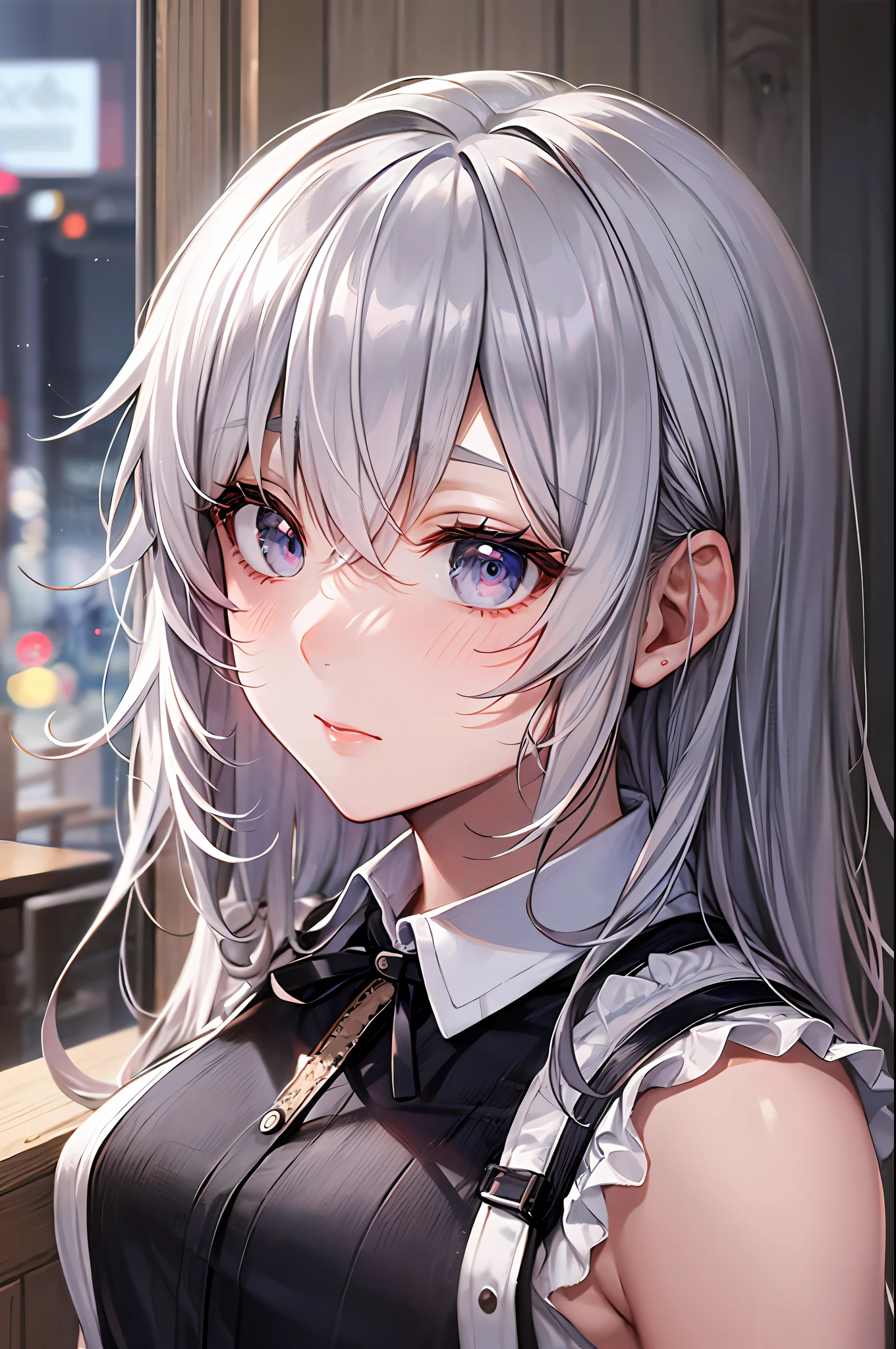 Best Quality, ultra-detailliert, Illustration, silber hair, Aimei, suspenders, embarrassed from