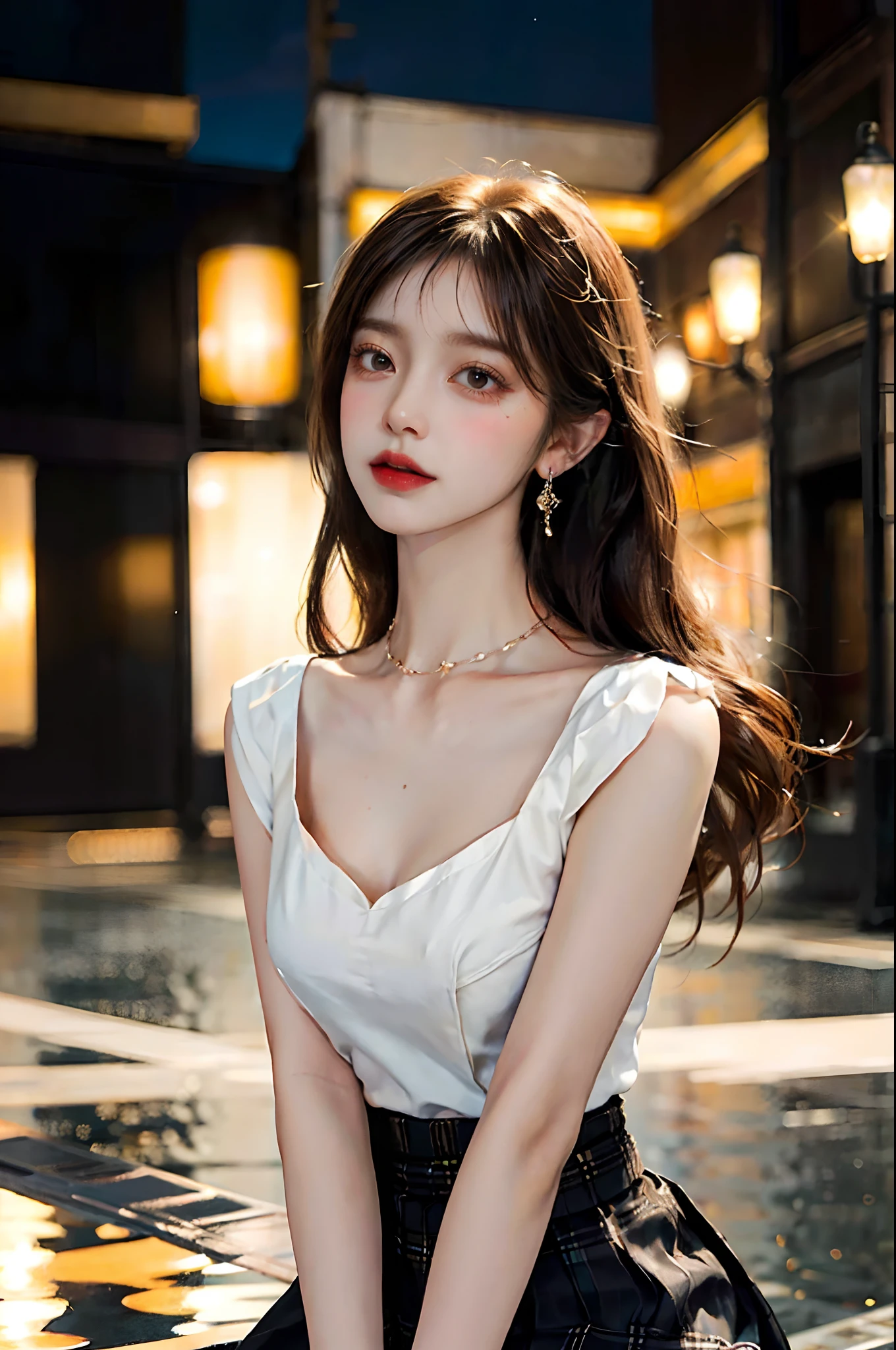 ((cowboy shot), ((from below)) A young girl, the night, lamplight, Street photography, standing on your feet, Cross ed leg, posing elegantly, warm lights, a warm color palette, ((White color blouse, DEEP-V COLLAR, a black pleated skirt)), Detailed scenes, Long messy hair, Brownish-yellow hair, light make-up, Blushlush, Raised sexy, slender leg, Photorealistic, Very detailed cute girl, Blush, (Extremely high color saturation), Detailed details, ultra-detailliert, (tmasterpiece, best qualtiy), (An extremely delicate and beautiful work), Delicate earrings, Delicate necklace, Simple blurred background, Extreme detail description, Ultra-fine painting, Delicate face, slim toned body, Slimming the waist