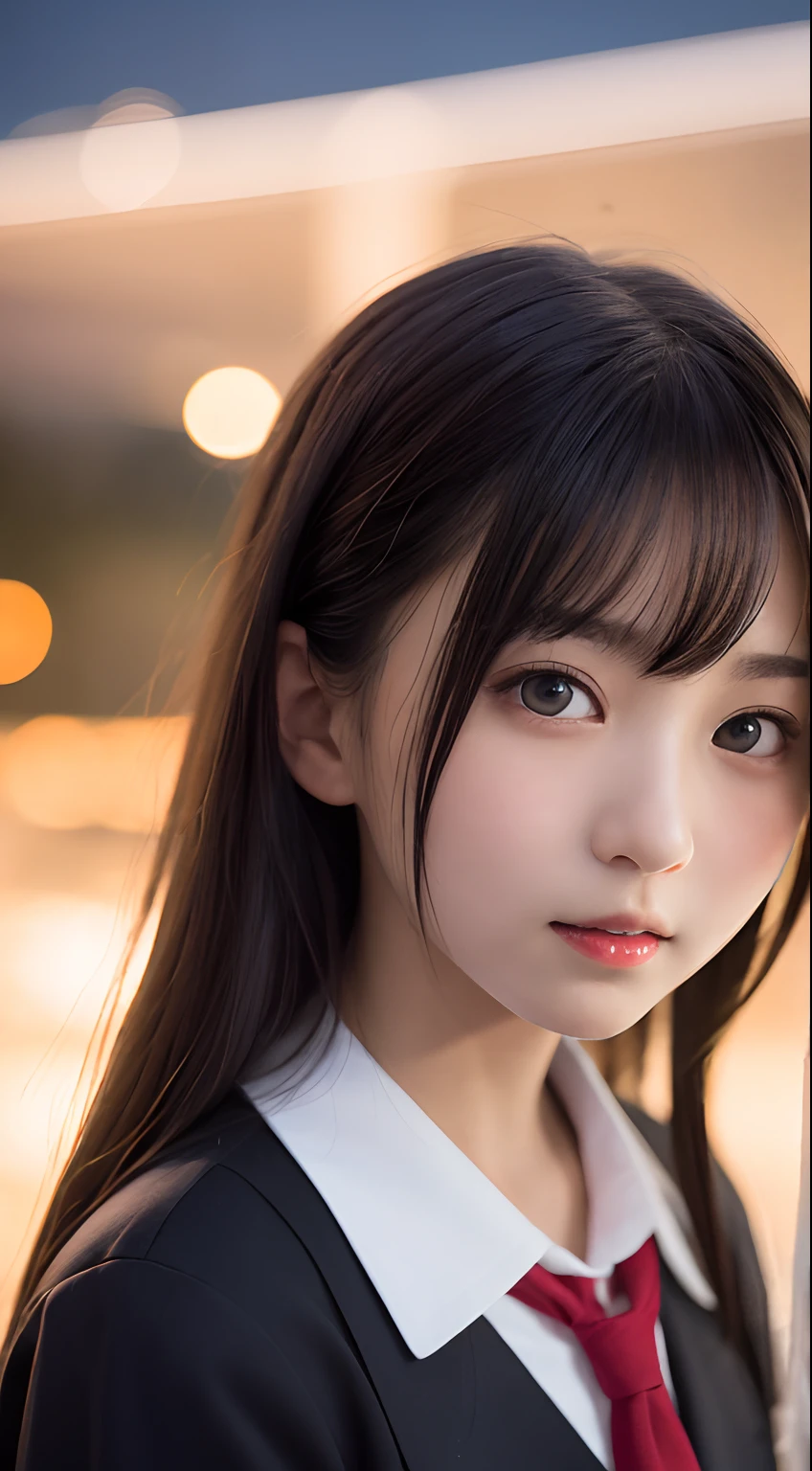 masutepiece, Best Quality, 8K, 8ars old, Teen, Raw photo, absurderes, award winning portrait, Smile, Solo, (Night:1.8), Idol face, Delicate girl, Upper body, Digital SLR, Looking at Viewer, Candid, Sophisticated,Thin arms, Professional Lighting, Film grain, chromatic abberation, (Eyes and faces with detailed:1.0), (Bokeh:1.1) , (OL Uniform:1.1) , closes mouth , A dark-haired , drooing eyes , big-sized breasts ,(red-lips , thick lip:1.1) , de pele branca , 15ear face