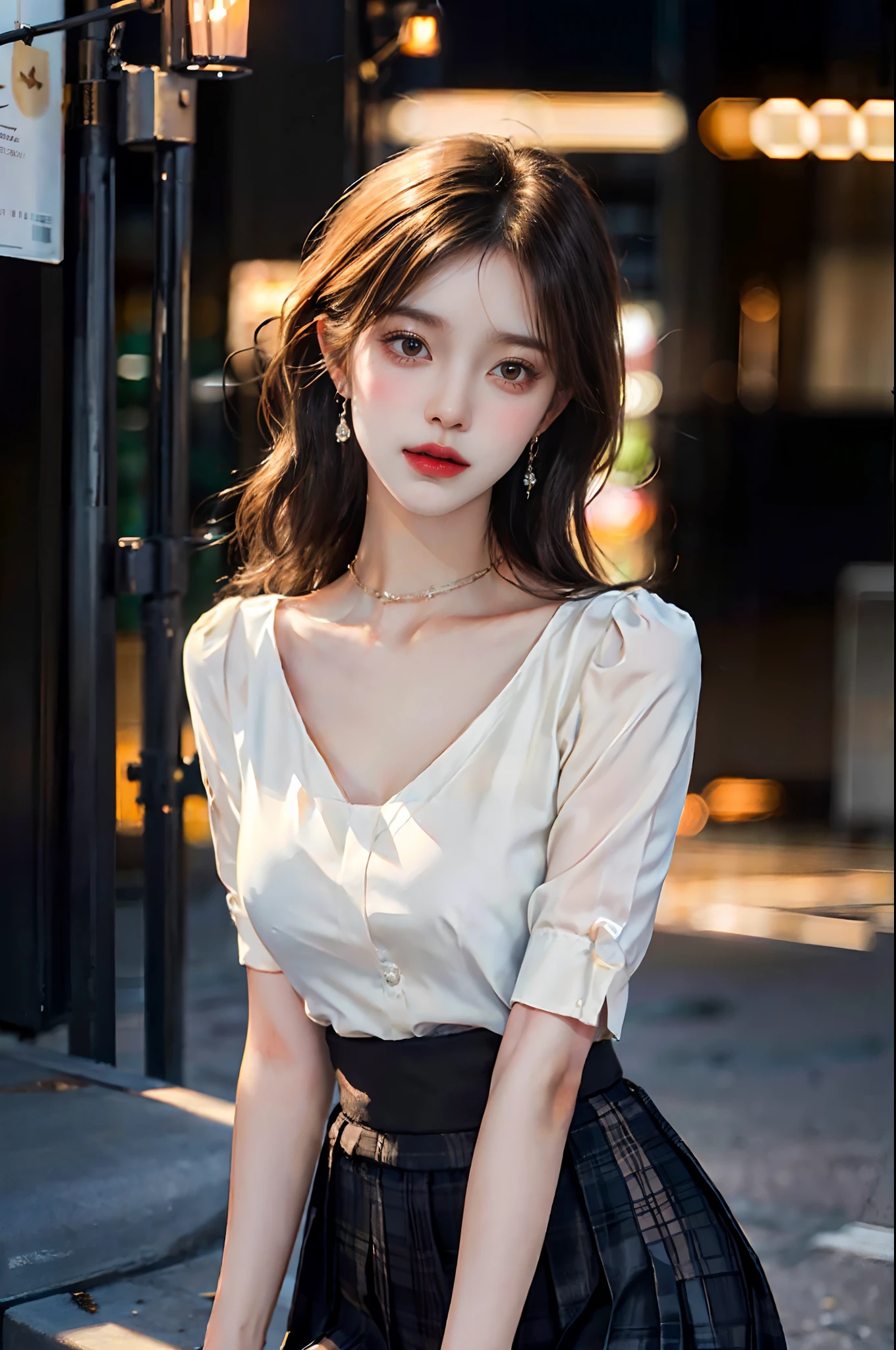((cowboy shot), ((from below)) A young girl, the night, lamplight, Street photography, standing on your feet, Cross ed leg, posing elegantly, warm lights, a warm color palette, ((White color blouse, DEEP-V COLLAR, a black pleated skirt)), Detailed scenes, Long messy hair, Brownish-yellow hair, light make-up, Blushlush, Raised sexy, slender leg, Photorealistic, Very detailed cute girl, Blush, (Extremely high color saturation), Detailed details, ultra-detailliert, (tmasterpiece, best qualtiy), (An extremely delicate and beautiful work), Delicate earrings, Delicate necklace, Simple blurred background, Extreme detail description, Ultra-fine painting, Delicate face, slim toned body, Slimming the waist