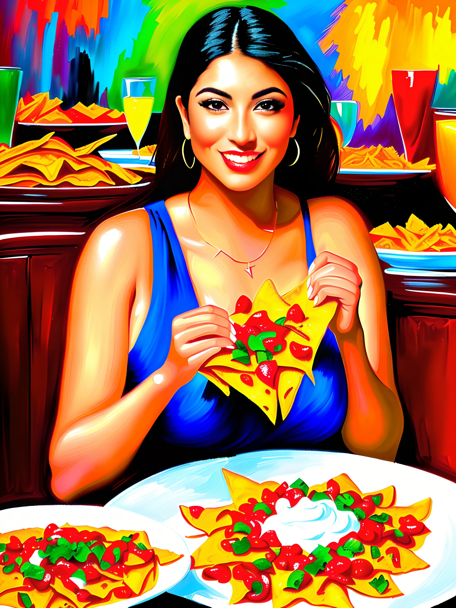 A mesmerizing depiction of a passionate Latina indulging in a plate of delectable nachos is presented in this visually stunning artwork. Painted with meticulous attention to detail, the scene showcases the undeniable beauty of the subject, as her expressive eyes reflect both joy and satisfaction. The vibrant colors of the nachos pop against the rich backdrop, further enhancing the overall composition. This expertly crafted painting captures a moment of pure enjoyment, evoking a sense of warmth and excitement within the viewer.