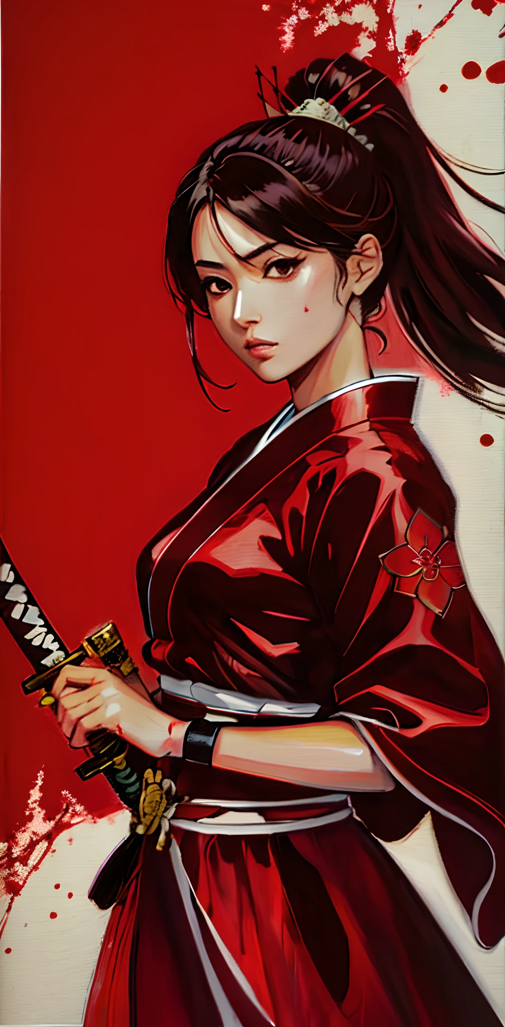 Close-up of a woman holding a katana in the painting，shohei otomo、katana swords、Masayoshi Sudo and Artgerm，Background of a red Japanese folding screen，Falling cover，Mottled blood splattered on the screen，