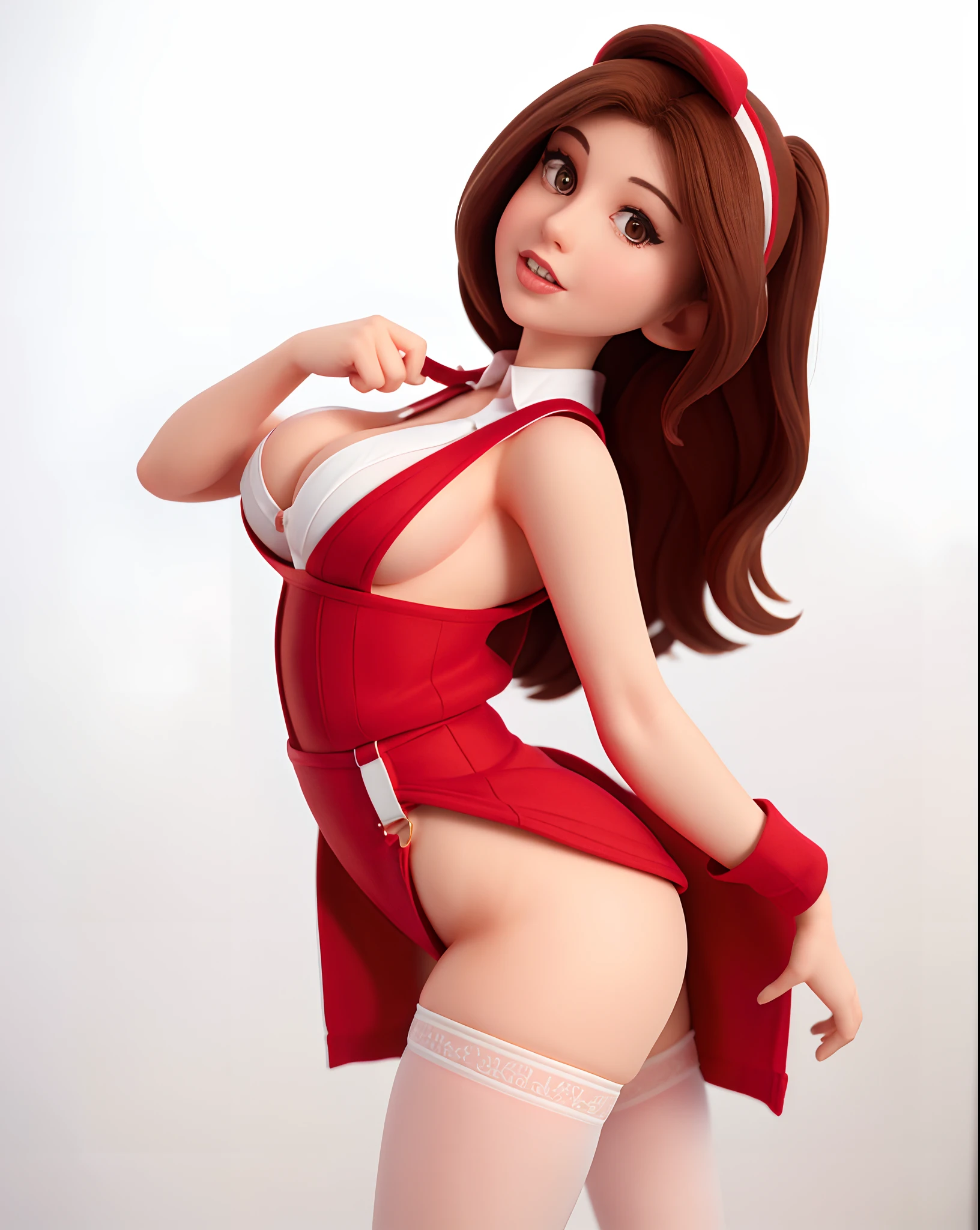 woman in a red vest and stockings posing for a picture, blu suspenders, white stockings, glossy magazine photoshoot, cheeky, brunette, scantily clad, sexy girl, brown hair with a perfect body, sexy, Lucy Pinder