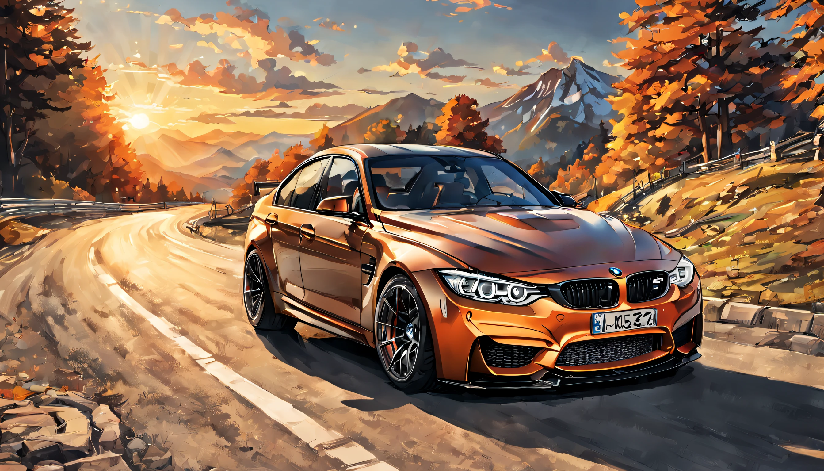 BMW M3 compétition 2017, vue éloignée, roule en montagne, couché de soleil, ciel orange, hd, effet dessin, style manga