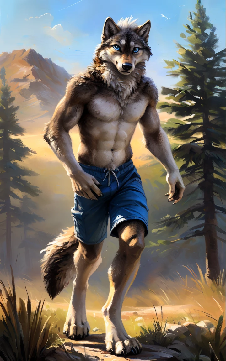 ((Solo)), male people, anthro wolf, (Multi-colored fur, White-brown:1.3，White tail pointed), (Height 2.1m,Tail length 1.2m), ((Wolf face, White hair, Big eyes, White eyelids, Blue pupil:1.2) (Tough, Calm expression:1.2)), Robust, Abs, pinging)), (Correct anatomy), (Work shorts:1.1), The upper body is naked, (detailed outfits),A long big tail，Feet，(Realistic fur, Detailed fur texture, labeled:1.3)), (Natural lighting), Photorealistic, Hyperrealistic, ultradetailed, by Kenket，Endless grasslands，There are no trees，There are no big stones，No artificiality，erect through，Running on