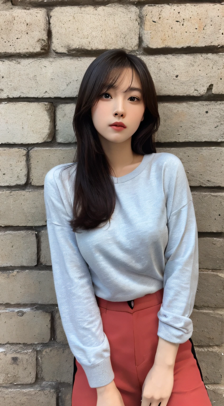 a young Asian woman leaning against a wall, a picture, inspired by Ma Yuanyu, Tumblr, big round cute eyes, 4k headshot photography, square facial structure, the hime cut