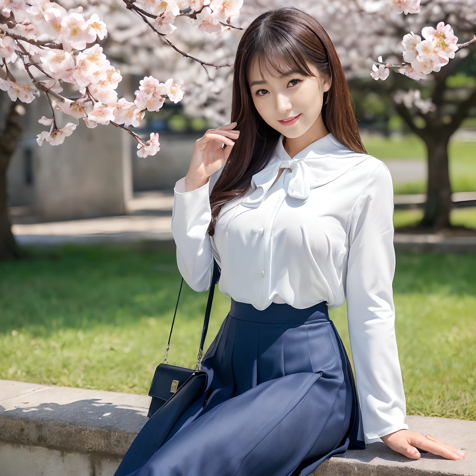 ((1人の女性,japanese beautiful woman,40 years,Introducing Japan's most beautiful face in detail,A detailed face,Accurate face)),((((Formal white blouse with classy ribbon,Elegant white blouse,Navy Suit Jacket,Navy jacket,Navy Formal Flare Skirt,Navy Midi Flared Skirt,Classy navy skirt,Have a classy little bag)))),((Standing on the doorstep of a high school,Reinforced concrete school building,Reinforced concrete construction,It is a very large school,Wide entrance,The background is a cherry blossom tree in full bloom,A large reinforced concrete school building,Respectable Schools,There are many cherry blossoms blooming in the school,The cherry tree)),((Perfect makeup, Looking at the camera,The most beautiful faces in Japan,adultlike face,Big smile,Biggest smile,Staring at this,Take a photo on your lap,Tastefully put together hair,Slimed,Colossal tits,Breasts are big,Emphasize the bulge of the chest,super-fine,beautiful hairl,perfect glossy skin,Perfect shiny hair,View here,Perfect fingers,face perfect,细致背景,Fair skin,Crystal clear white skin,Perfect fingers,细致背景,top-quality,The ultra -The high-definition,Perfect Anatomy,high-definition RAW color photography,professional photograpy, Very delicate, Extremely detailed,finely detail, Huge file size,Top image quality,8K,Award-Winning Works,masutepiece,Professional filming))