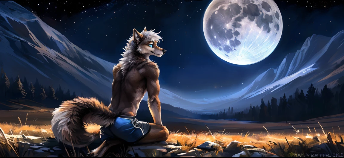 ((Solo)), male people, anthro wolf, (Multi-colored fur, White-brown:1.3, White tail pointed), (Height 2.3 meters,Tail length 1.2m), ((Wolf face, White hair, Big eyes, White eyelids, Blue pupil, Slim:1.2) (Tough, Calm expression:1.2)), Abs, Slim, pinging)), (Correct body anatomy), (Work shorts:1.1), The upper body is naked, (detailed outfits),A long big tail，Feet，Long legs，(Realistic fur, Detailed fur texture, labeled:1.3)), (Natural lighting), Photorealistic, Hyperrealistic, ultradetailed, by Kenket，the night，Sit alone，Endless grasslands，Look at the full moon，It was dark，Starry