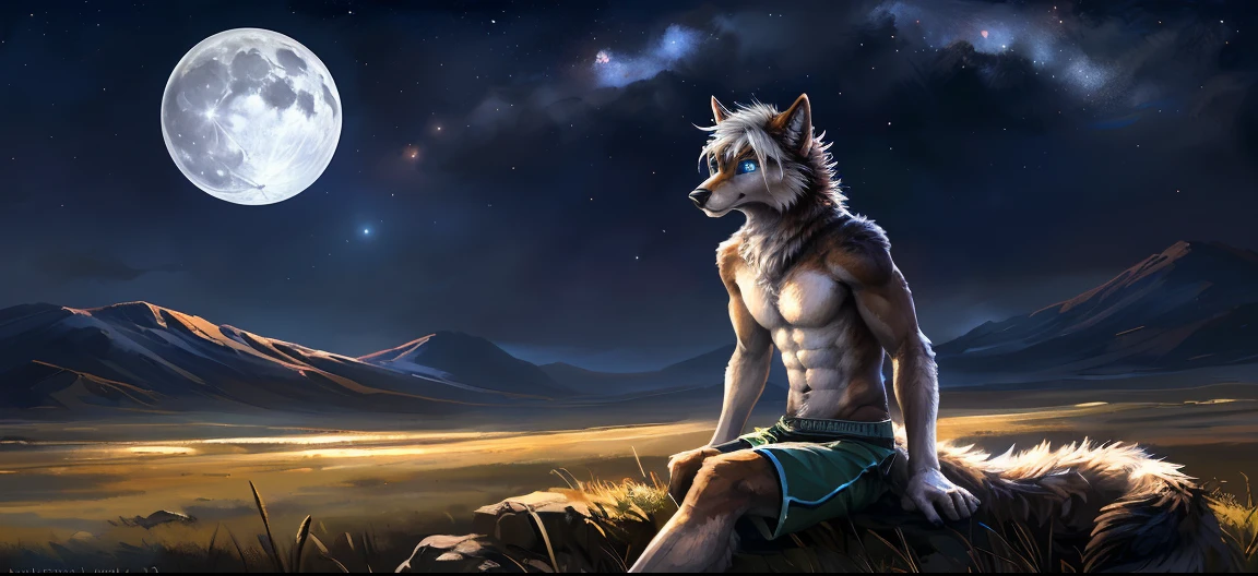 ((Solo)), male people, anthro wolf, (Multi-colored fur, White-brown:1.3, White tail pointed), (Height 2.3 meters,Tail length 1.2m), ((Wolf face, White hair, Big eyes, White eyelids, Blue pupil, Slim:1.2) (Tough, Calm expression:1.2)), Abs, Slim, pinging)), (Correct ????????????), (Work shorts:1.1), The upper body is naked, (detailed outfits),A long big tail，Feet，Long legs，(Realistic fur, Detailed fur texture, labeled:1.3)), (Natural lighting), Photorealistic, Hyperrealistic, ultradetailed, by Kenket，the night，Sit alone，Endless grasslands，Look at the full moon，It was dark，Starry